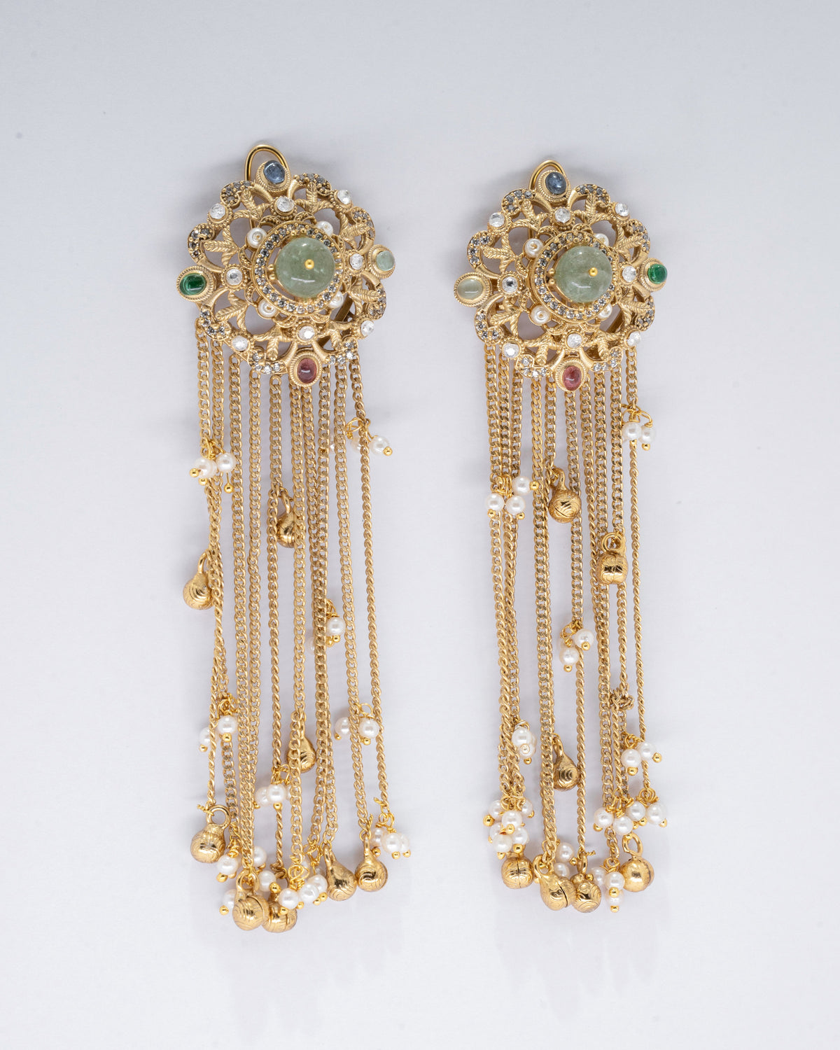 Exquisite Gold Chandelier Earrings with Gemstones and Pearls