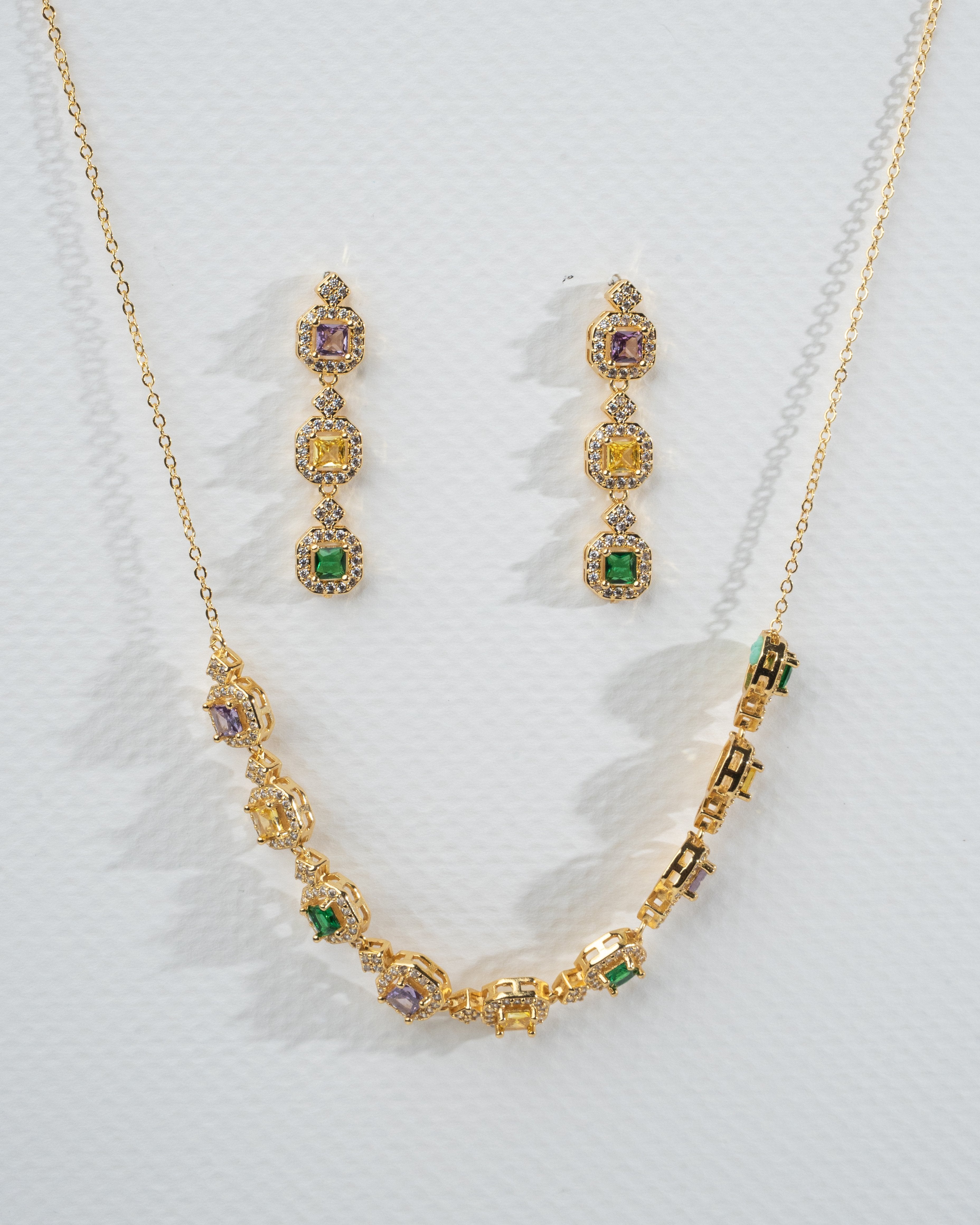 Elegant Multi-Gemstone Gold Necklace and Earring Set