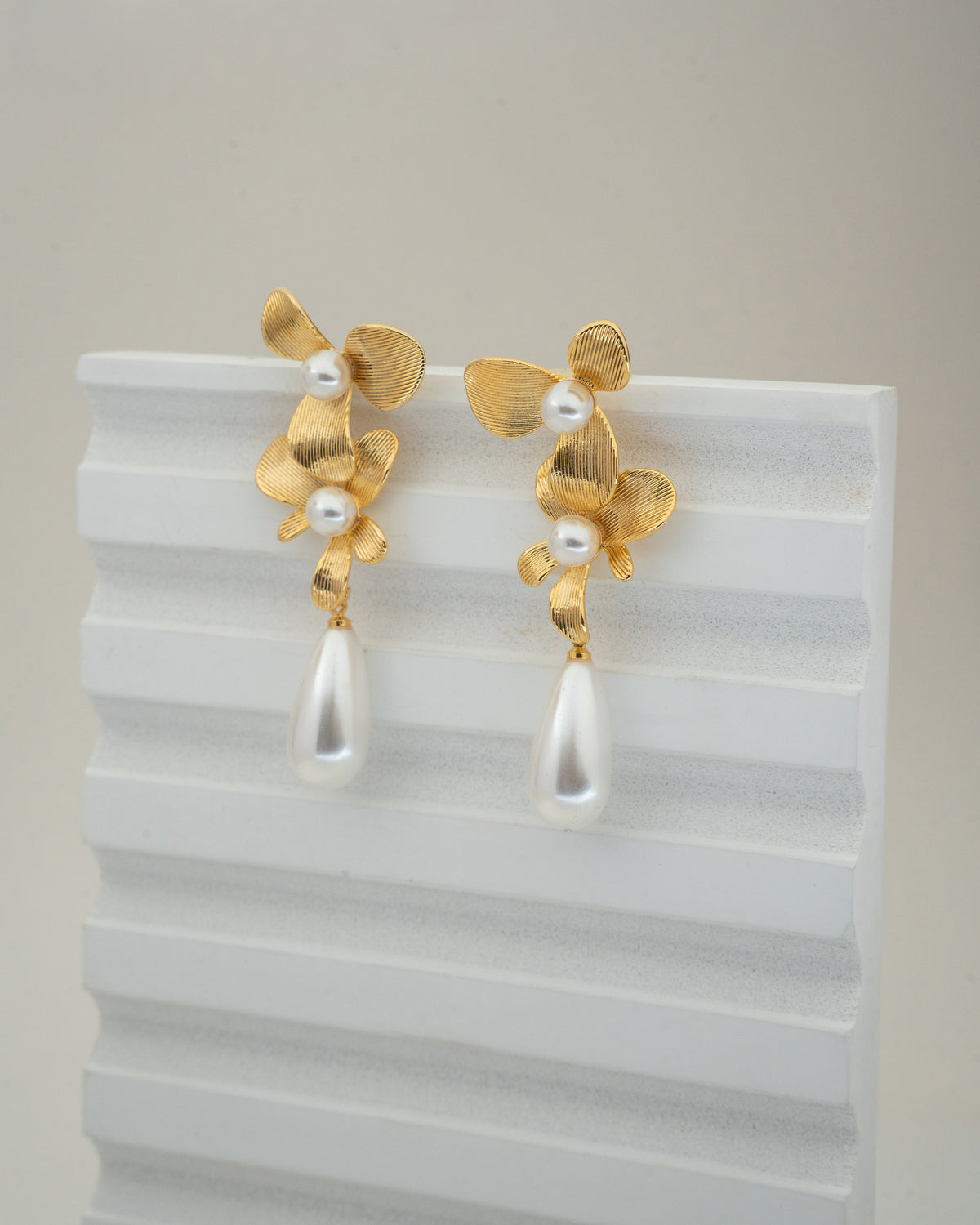 Elegant Gold Petal & Pearl Drop Earrings
