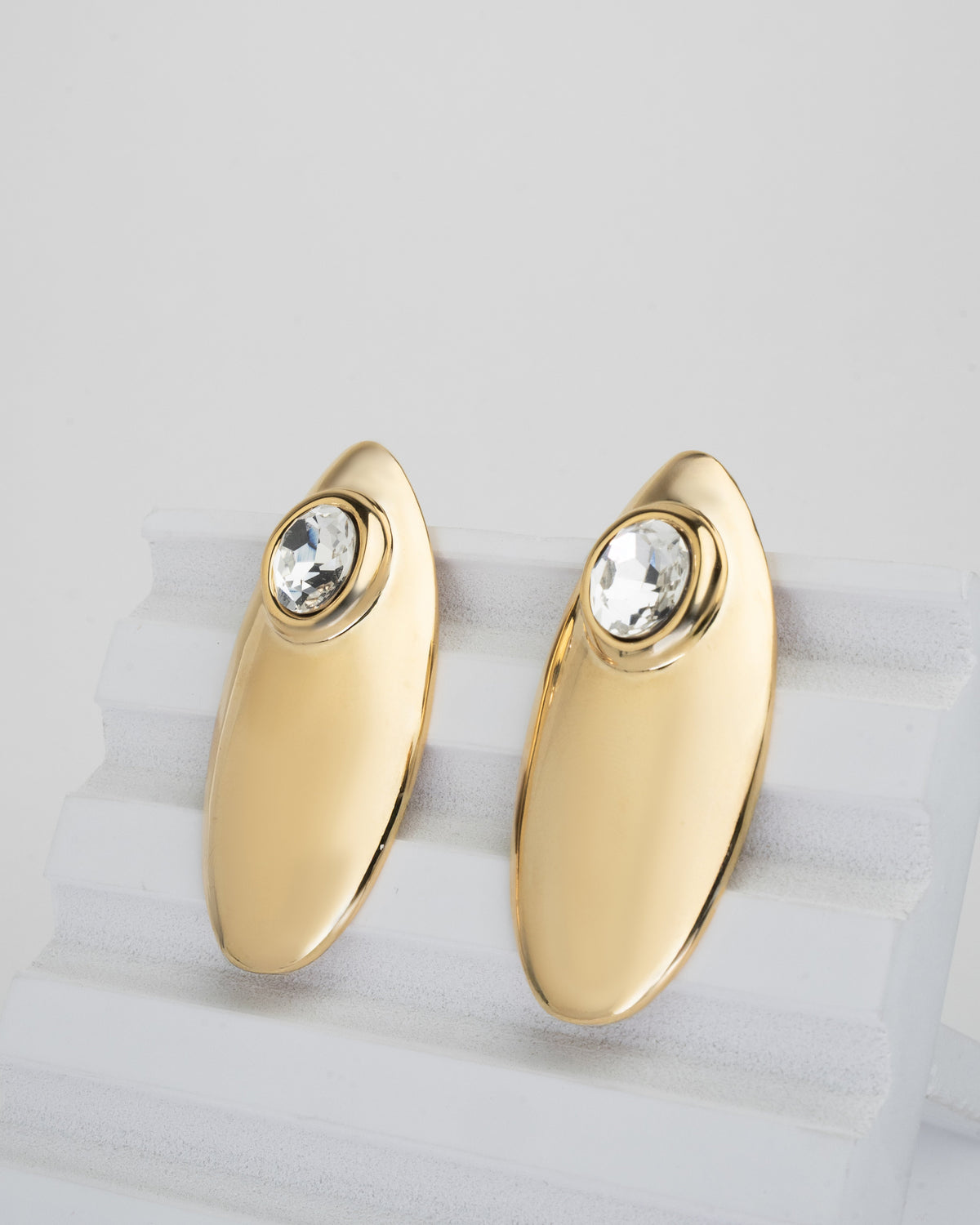 Elegant Gold-Plated Oval Stud Earrings with Crystal Accents