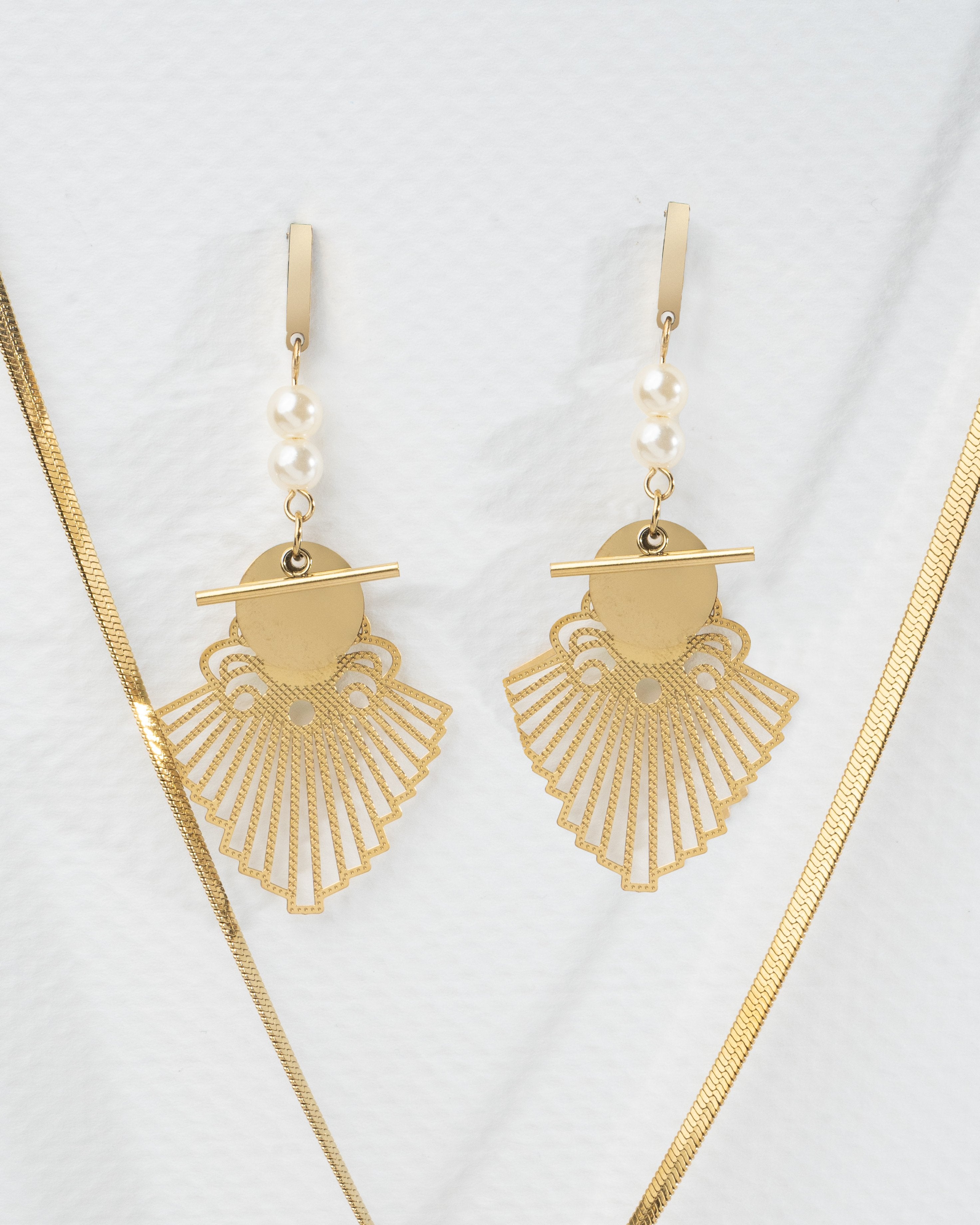 Elegant Gold Filigree Pendant and Earring Set with Pearl Accents