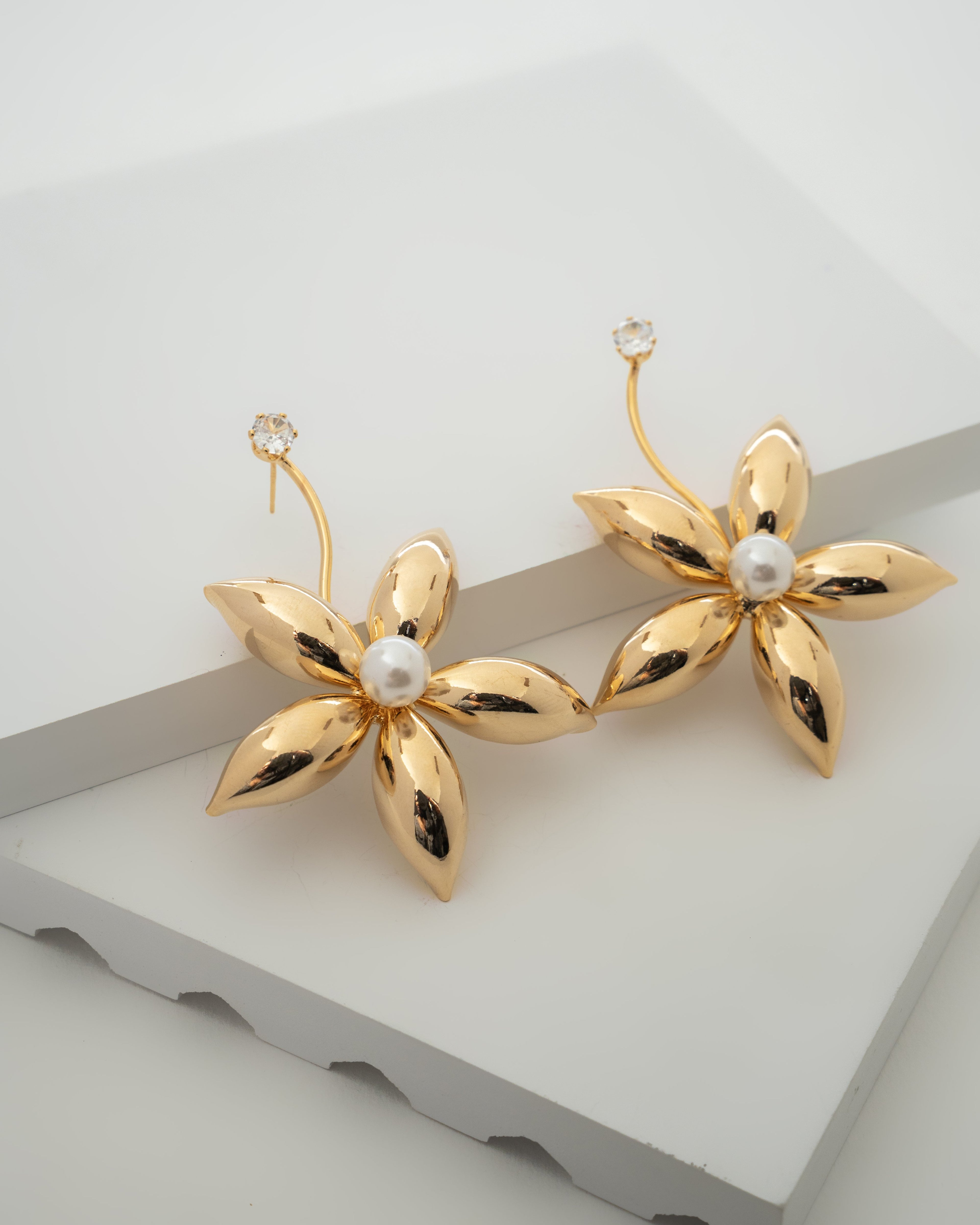 Elegant Gold Blossom Pearl Earrings