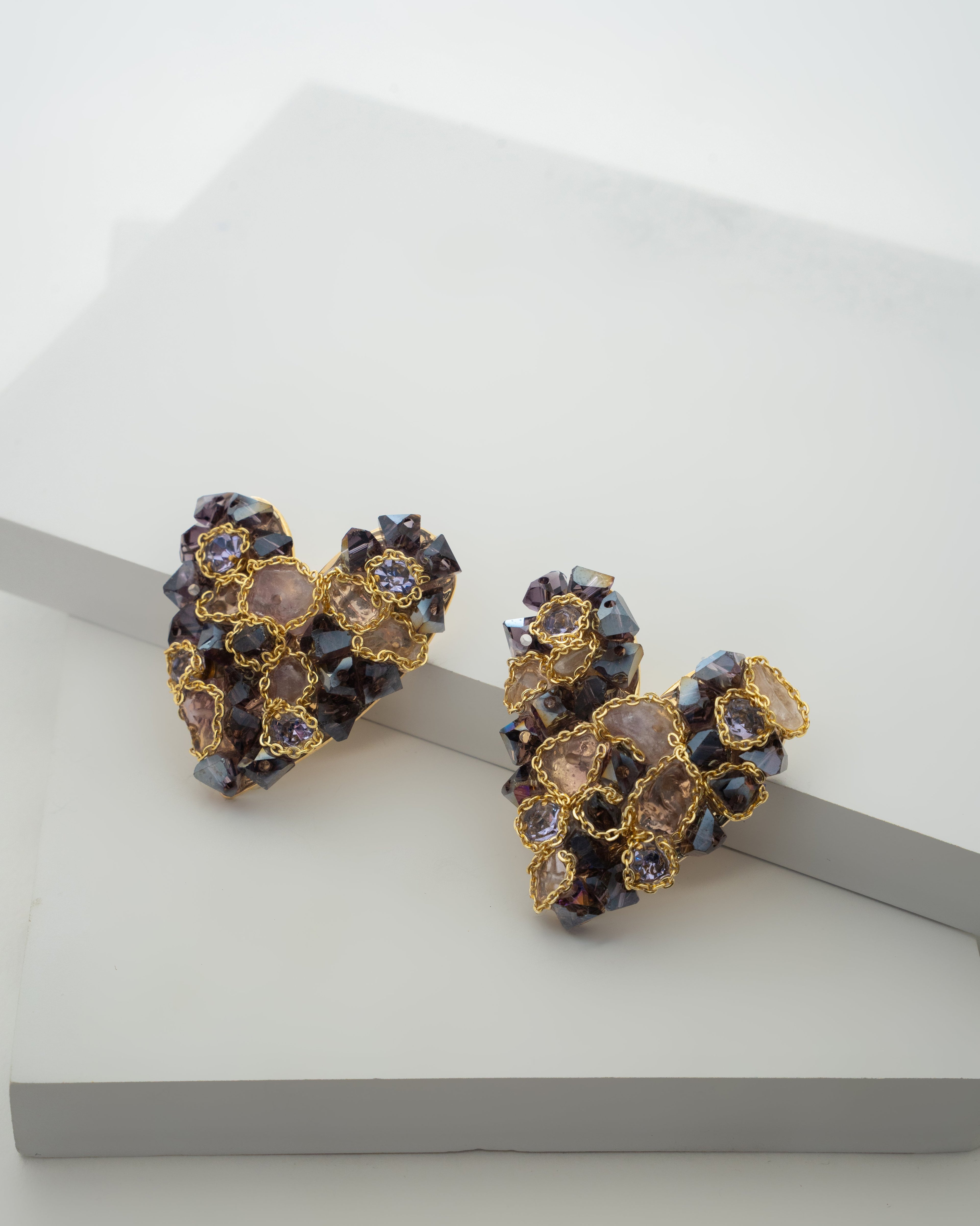 Exquisite Heart-Shaped Gemstone Earrings with Gold Detailing