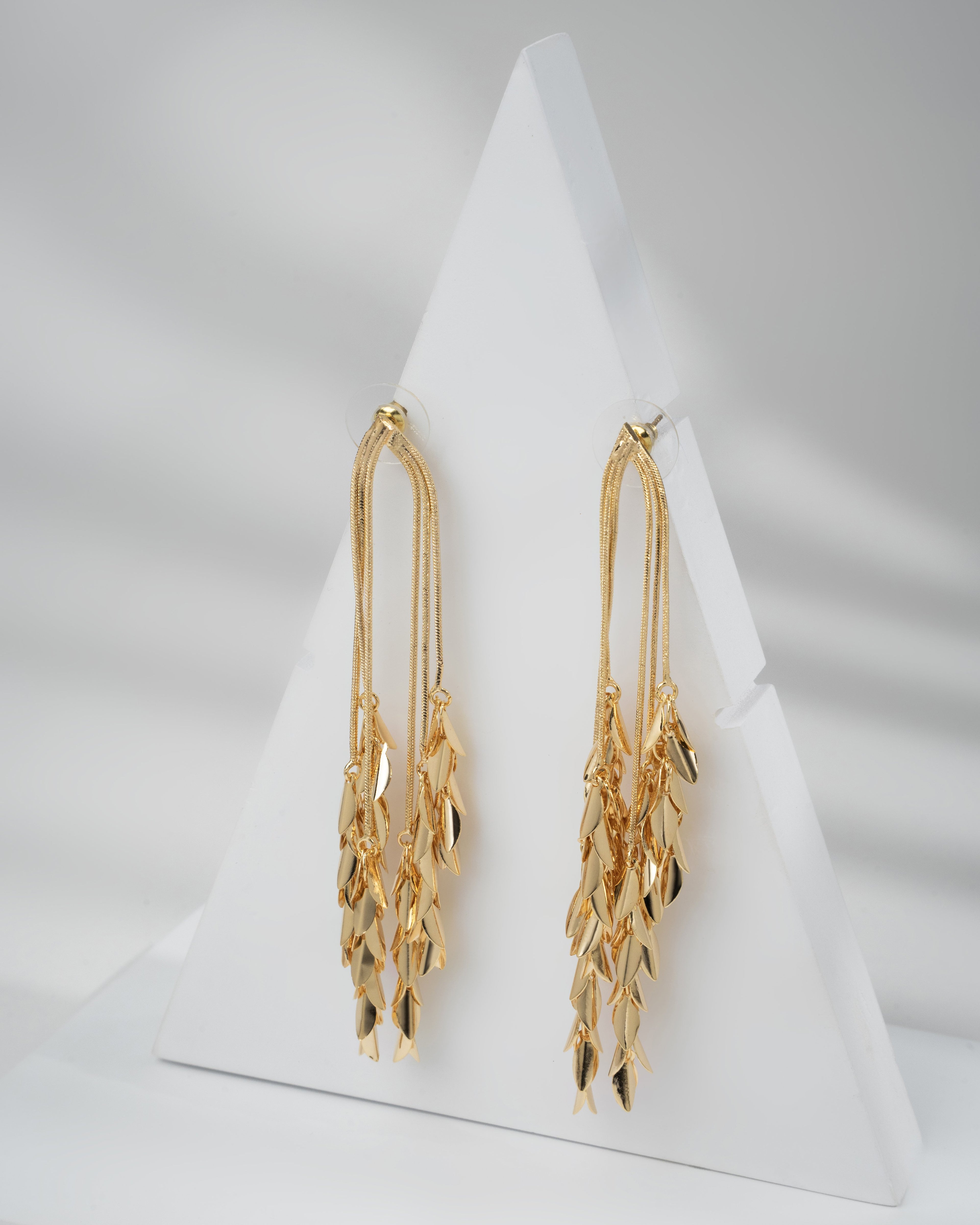 Elegant Gold Leaf Long Drop Earrings