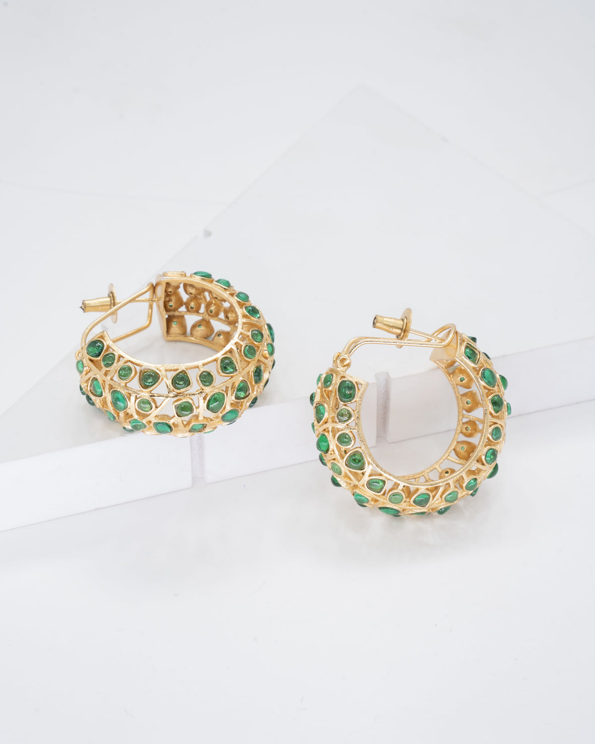 Elegant Gold-Toned Hoop Earrings with Emerald Green Accents