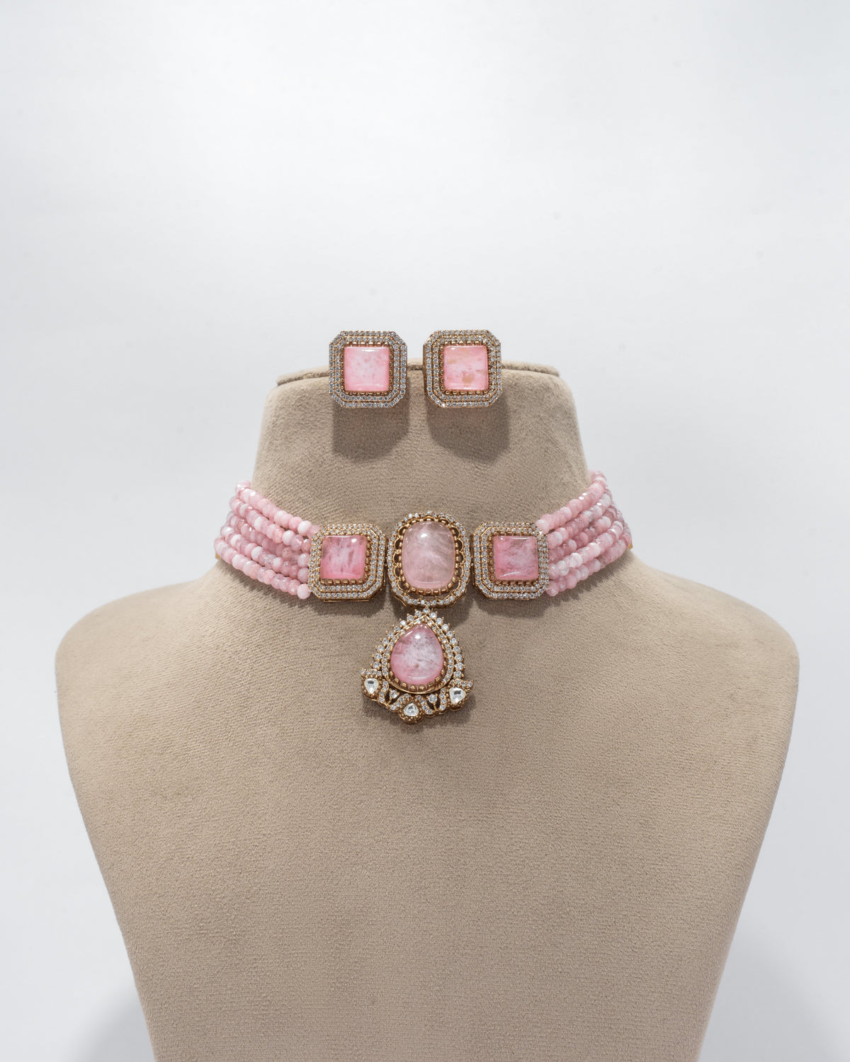 Elegance in Pink: Designer Rhodochrosite Choker and Earrings Set