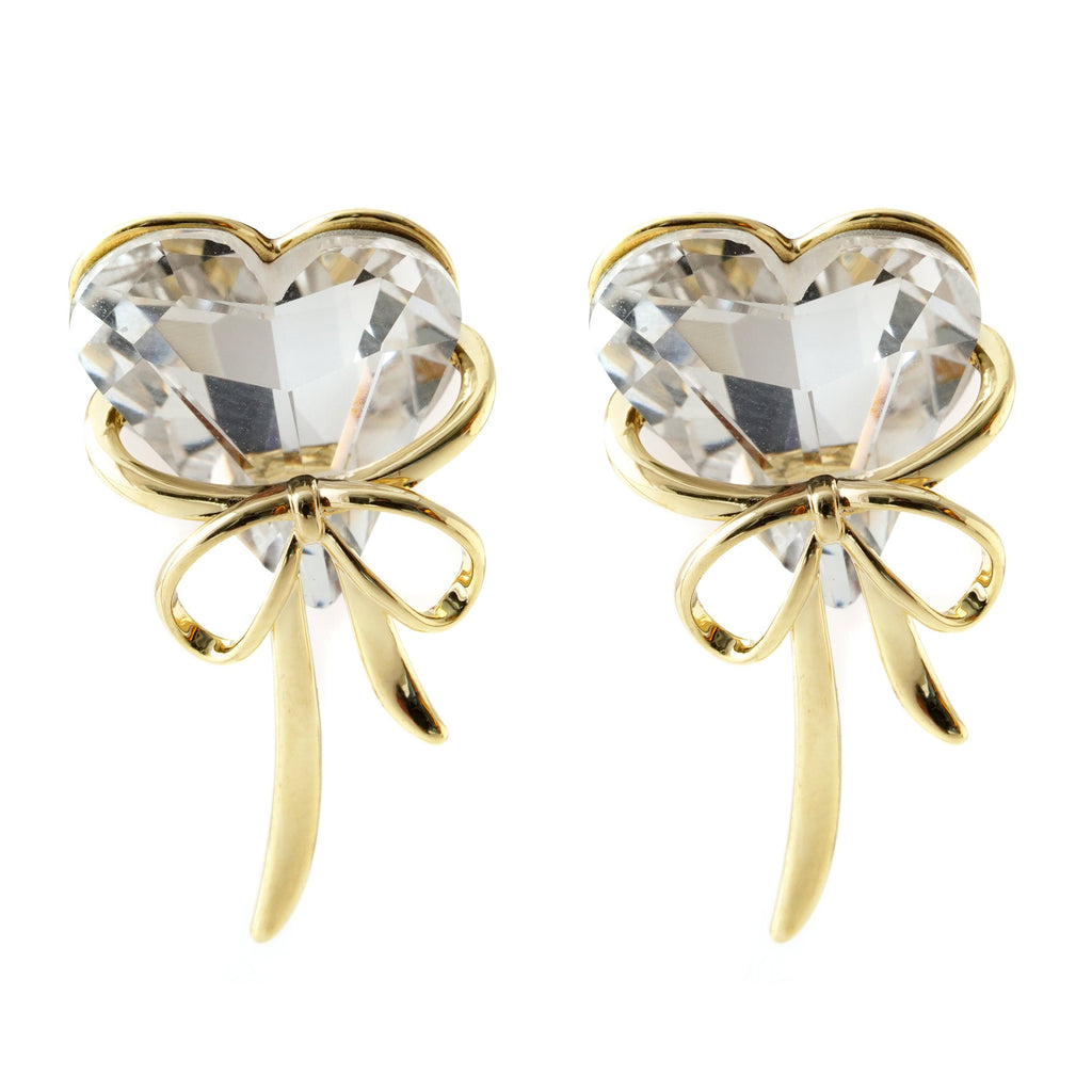 Elegant Crystal Heart Gold-Tone Earring with Bow Accent