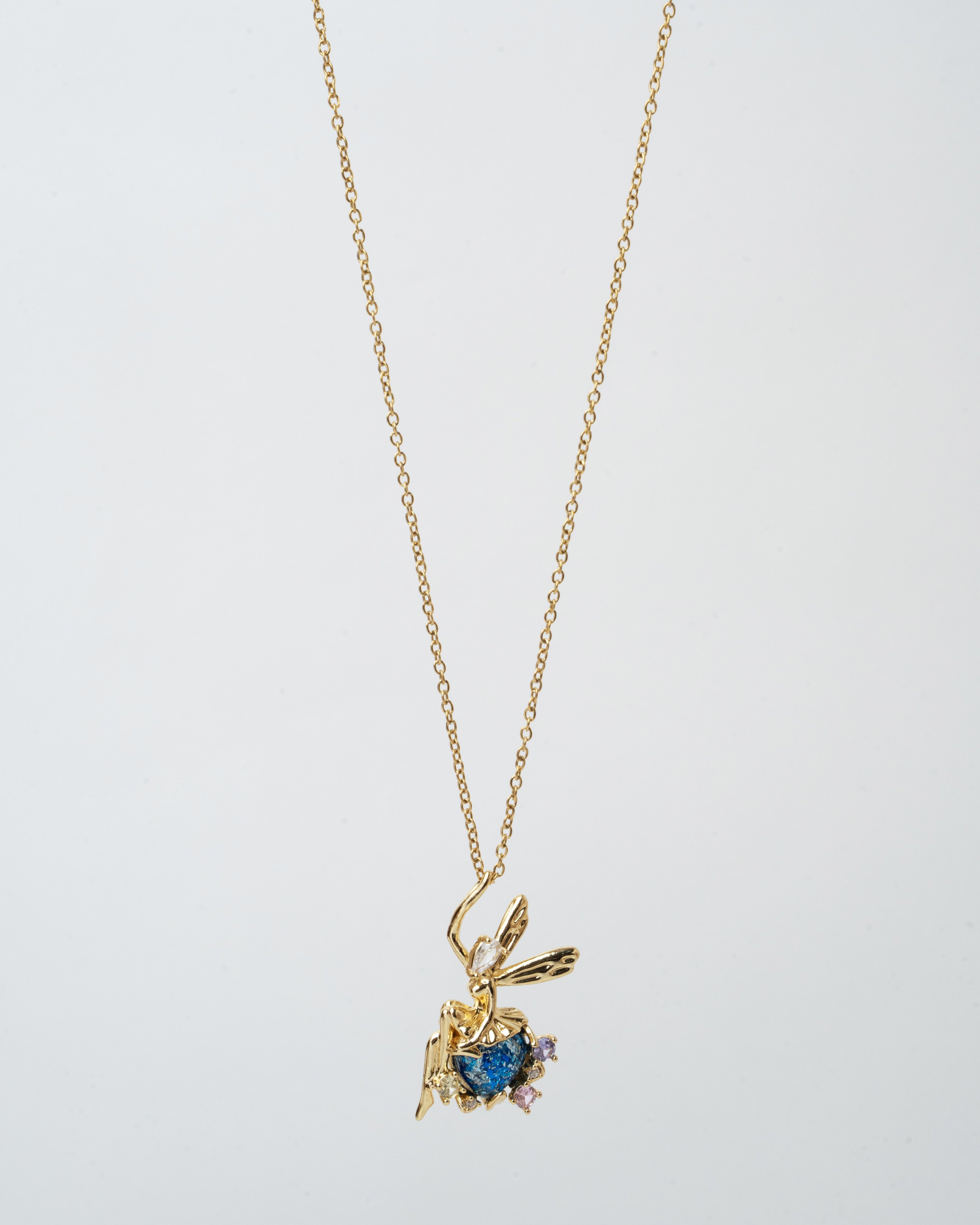 Enchanted Fairy Gold Pendant Necklace with Blue Gemstone
