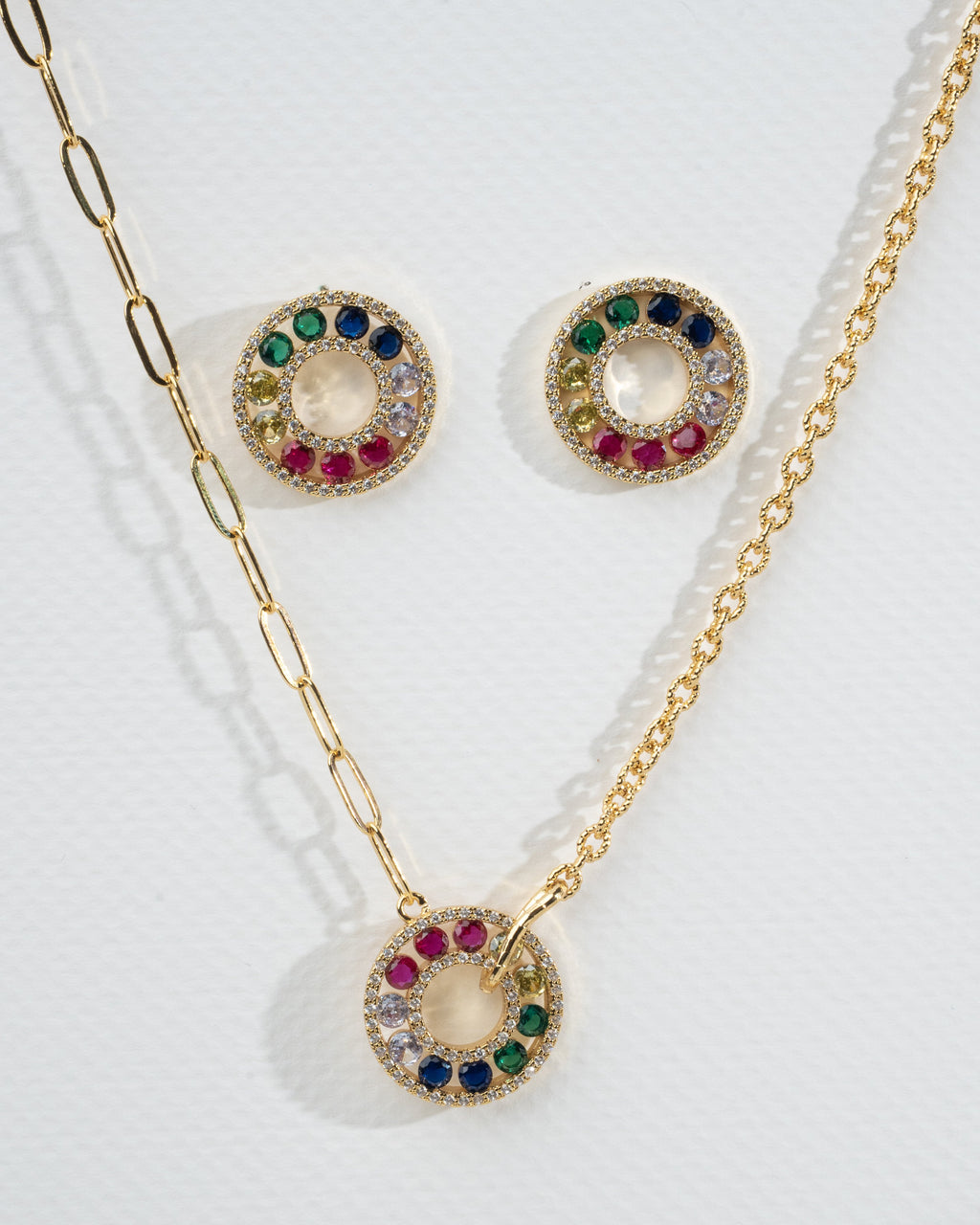 Multicolored Gemstone Circular Necklace and Earring Set