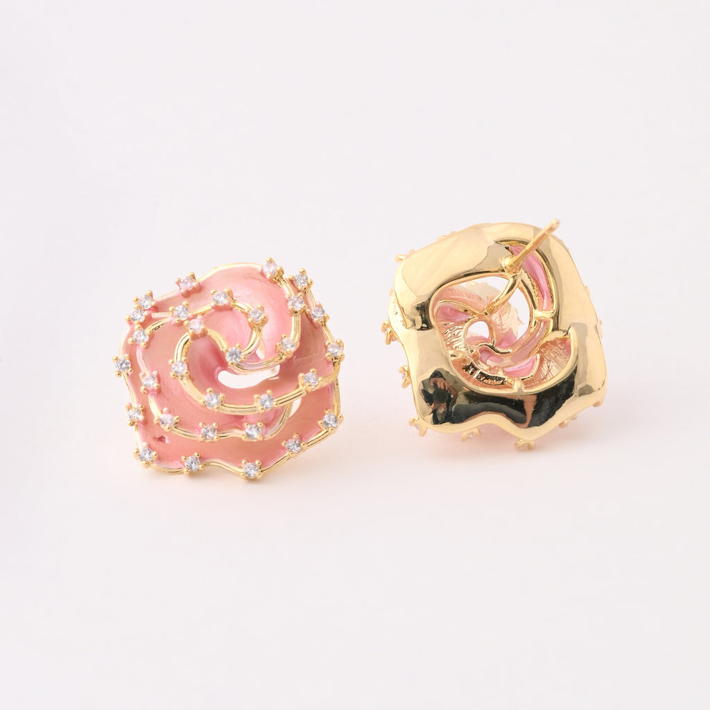 Elegant Rose Swirl Enamel Earrings with Crystal Accents