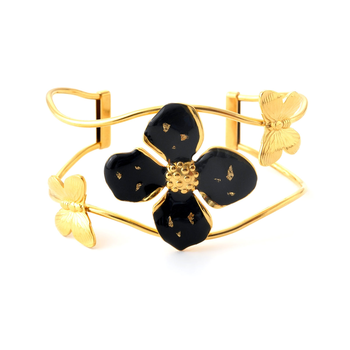 Elegant Black Floral Gold-Plated Cuff Bracelet