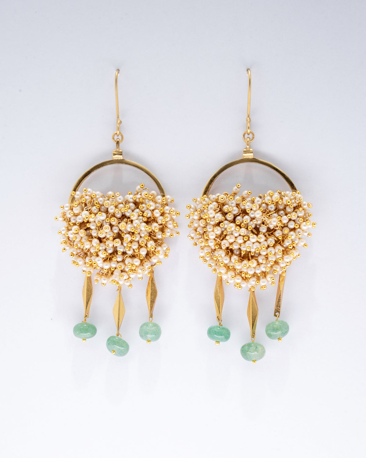 Handmade Beaded Hoop Drop Earrings with Green Beads
