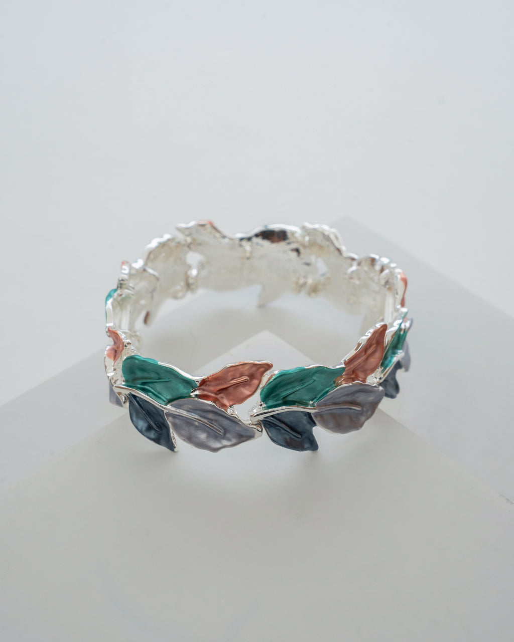 Elegant Multicolor Leaf Motif Silver Bracelet