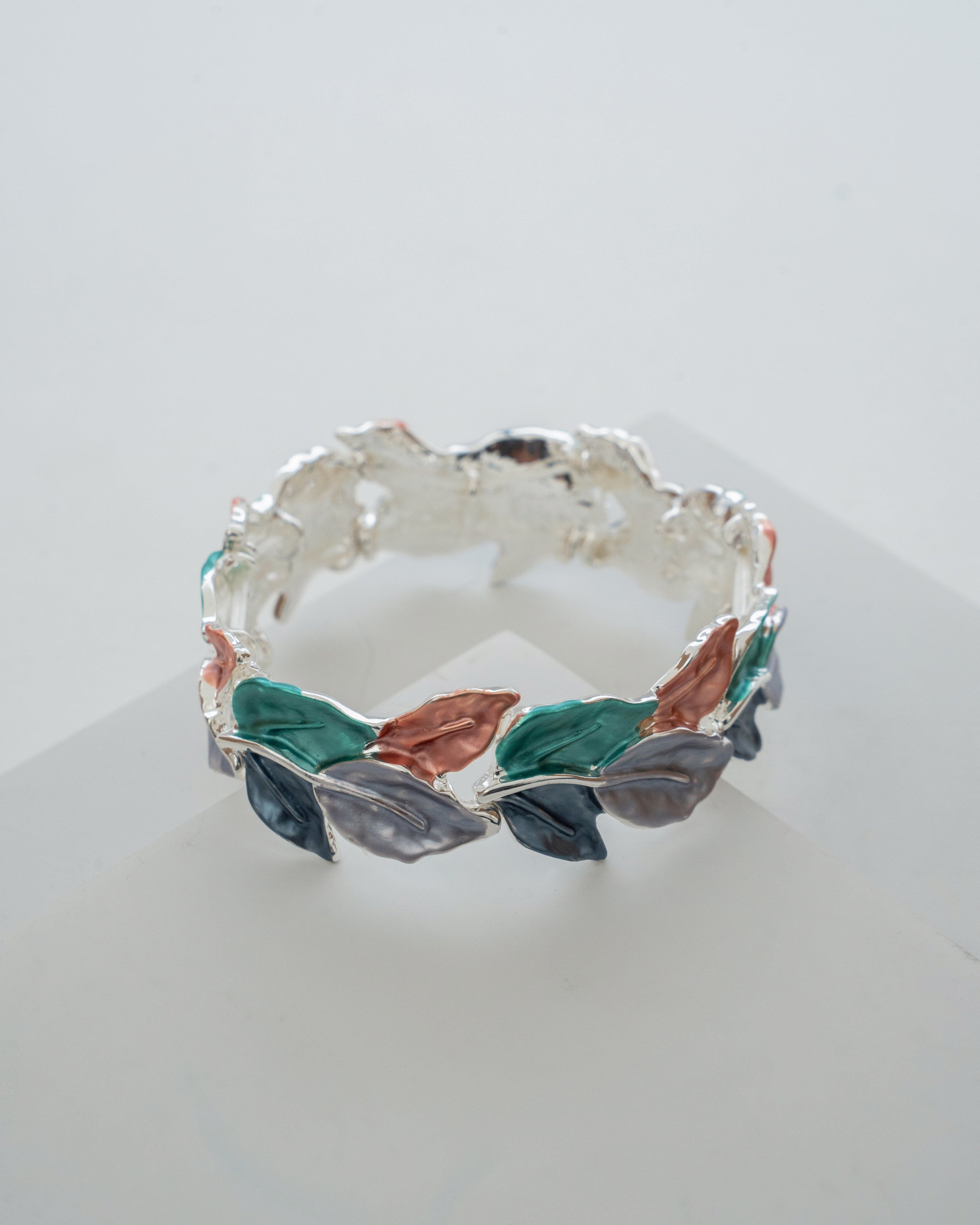 Elegant Multicolor Leaf Motif Silver Bracelet