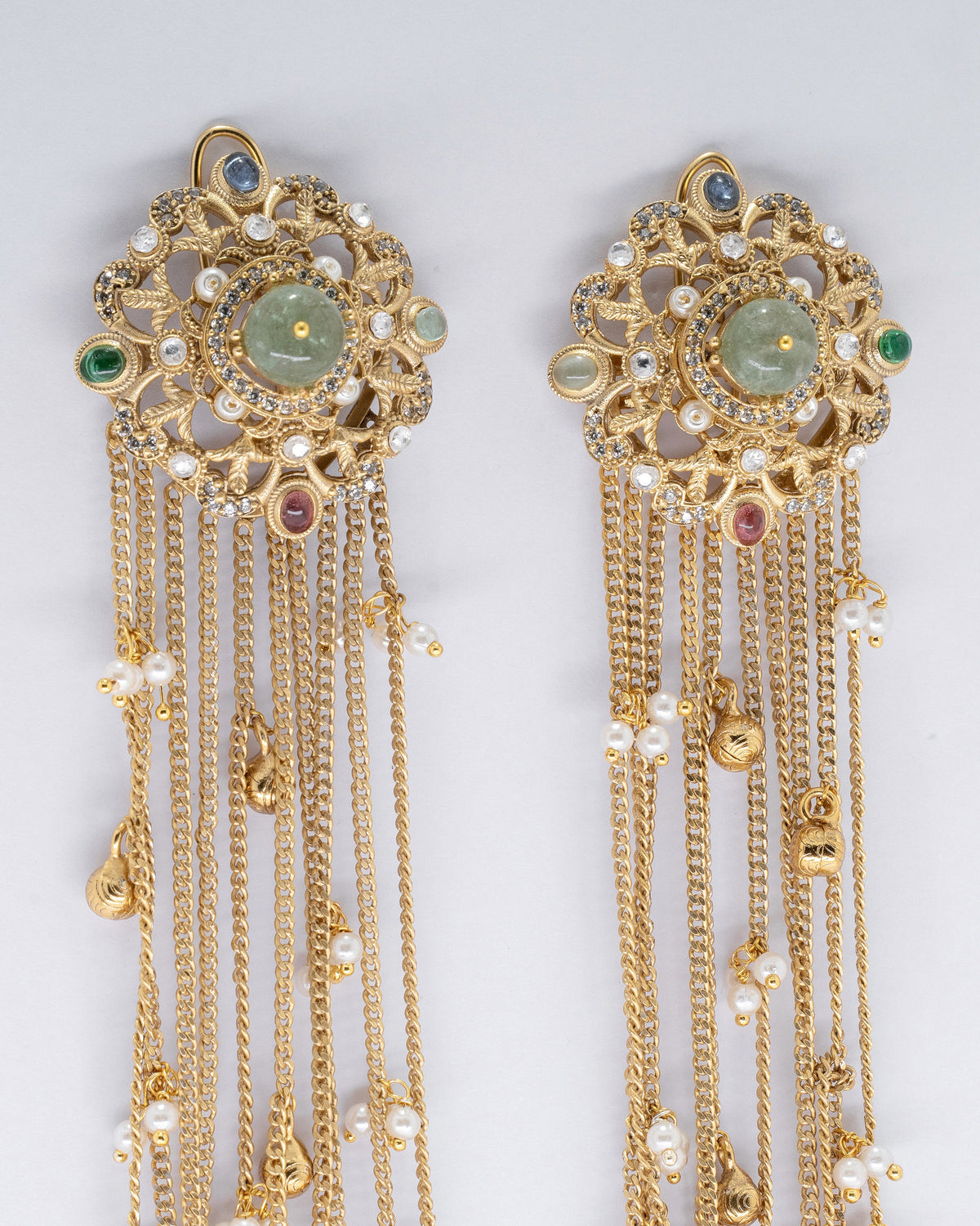 Exquisite Gold Chandelier Earrings with Gemstones and Pearls