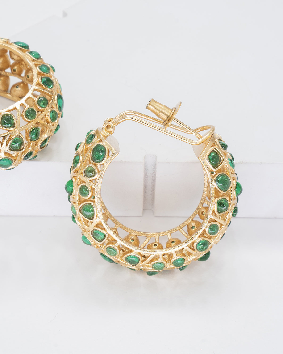 Elegant Gold-Toned Hoop Earrings with Emerald Green Accents