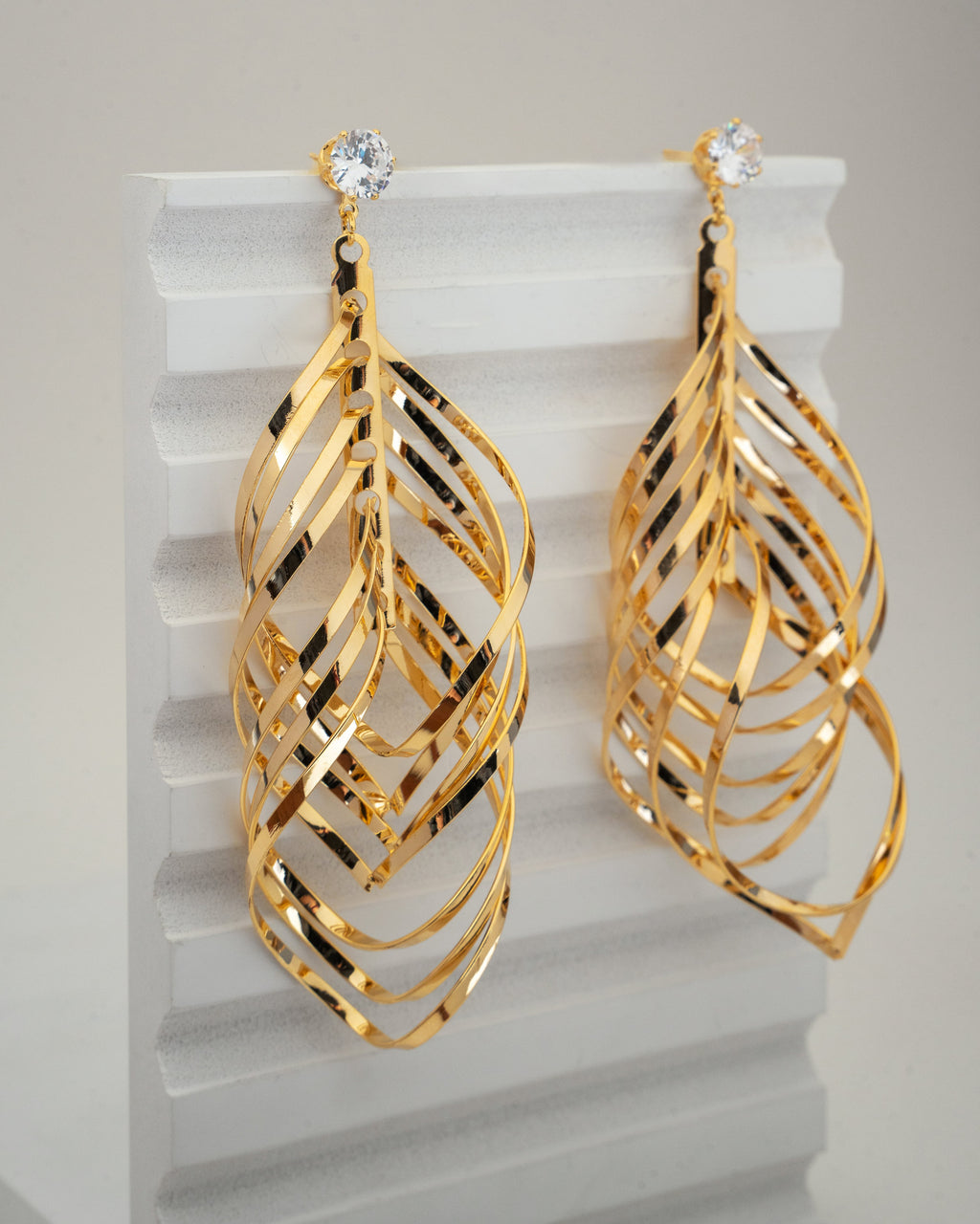 Elegant Gold-Plated Leaf Drop Earrings with Crystal Accents