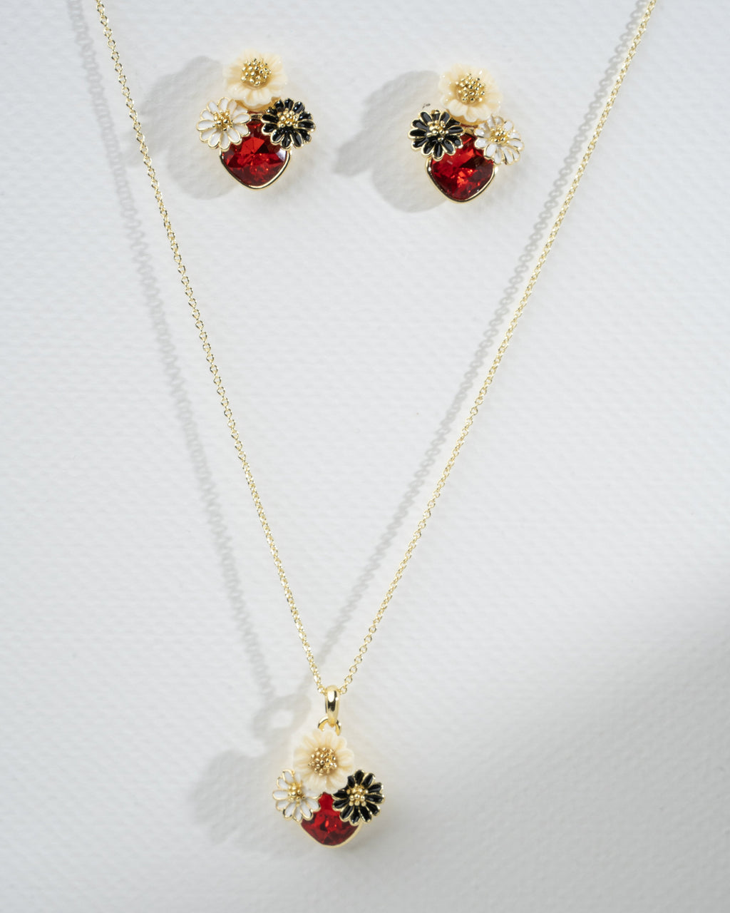 Elegant Floral Charm Necklace and Earrings Set with Red Heart Accents