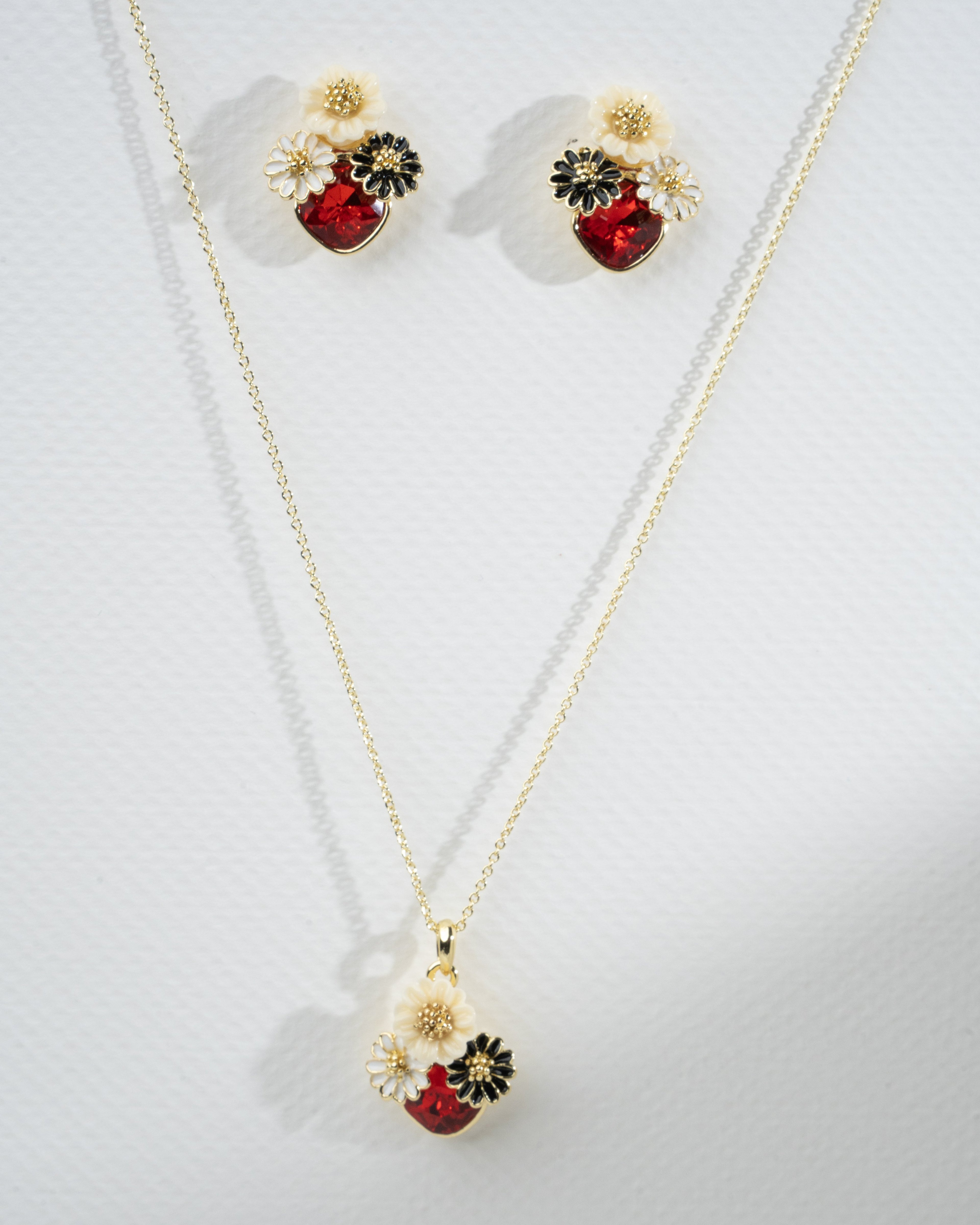 Elegant Floral Charm Necklace and Earrings Set with Red Heart Accents