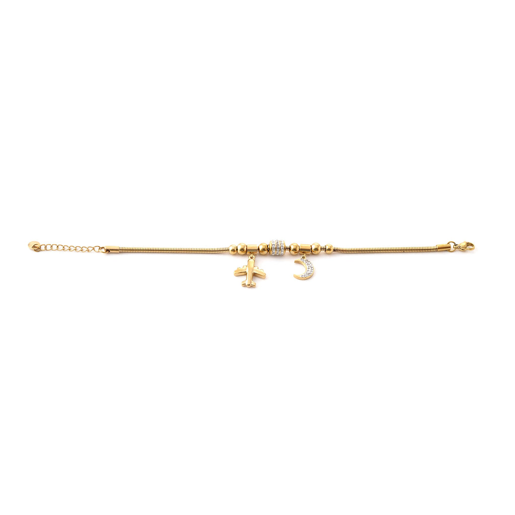 Elegant Gold Bracelet with Airplane and Moon Charms