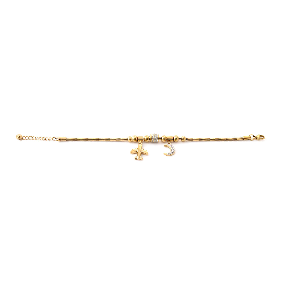 Elegant Gold Bracelet with Airplane and Moon Charms