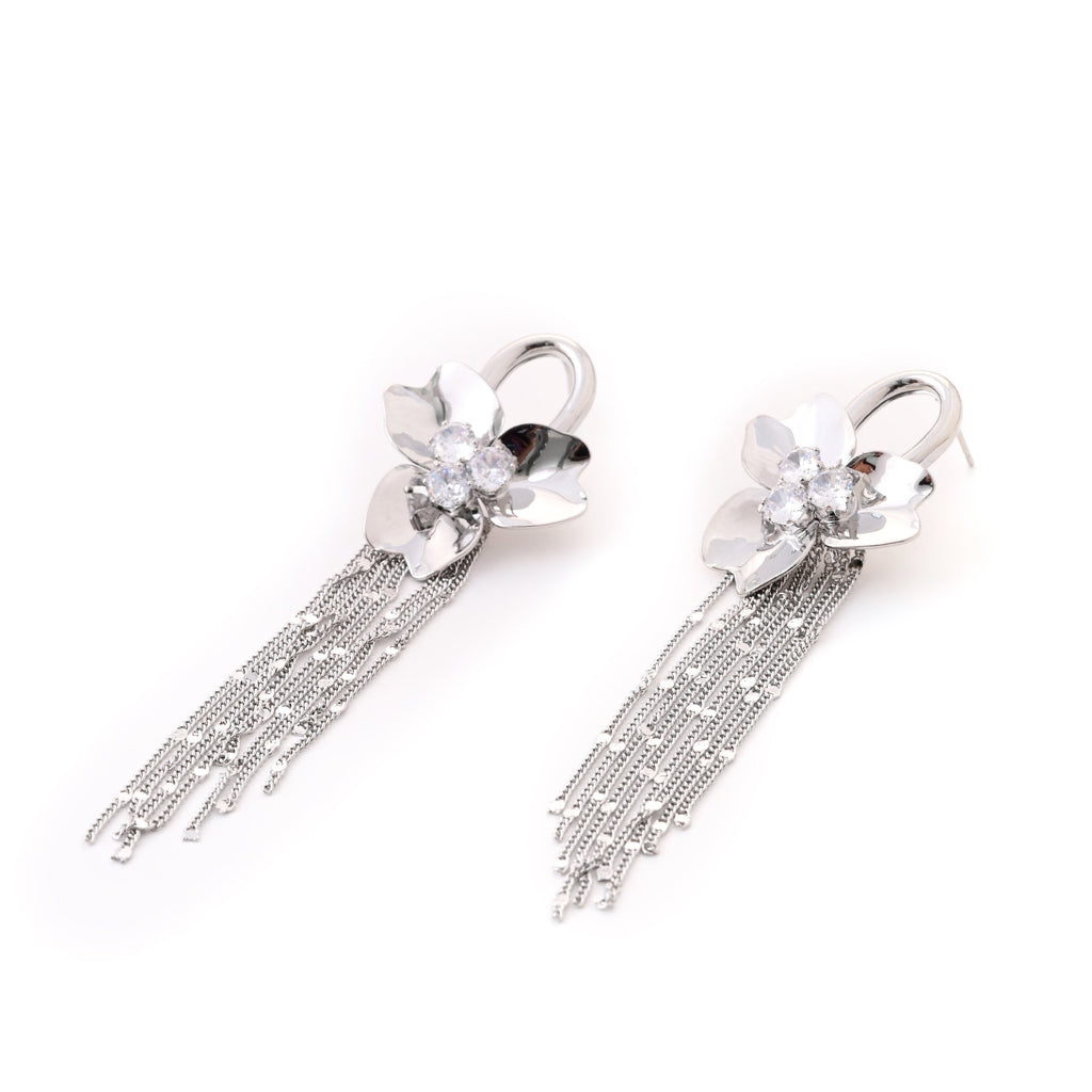Luxe Silver Orchid Dangle Earrings with Crystal Accents
