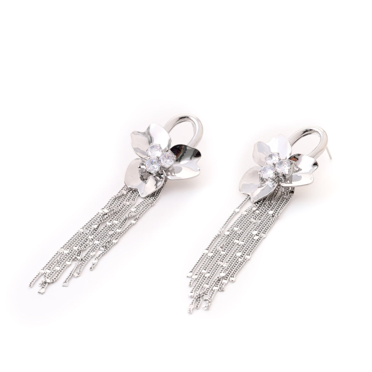 Luxe Silver Orchid Dangle Earrings with Crystal Accents