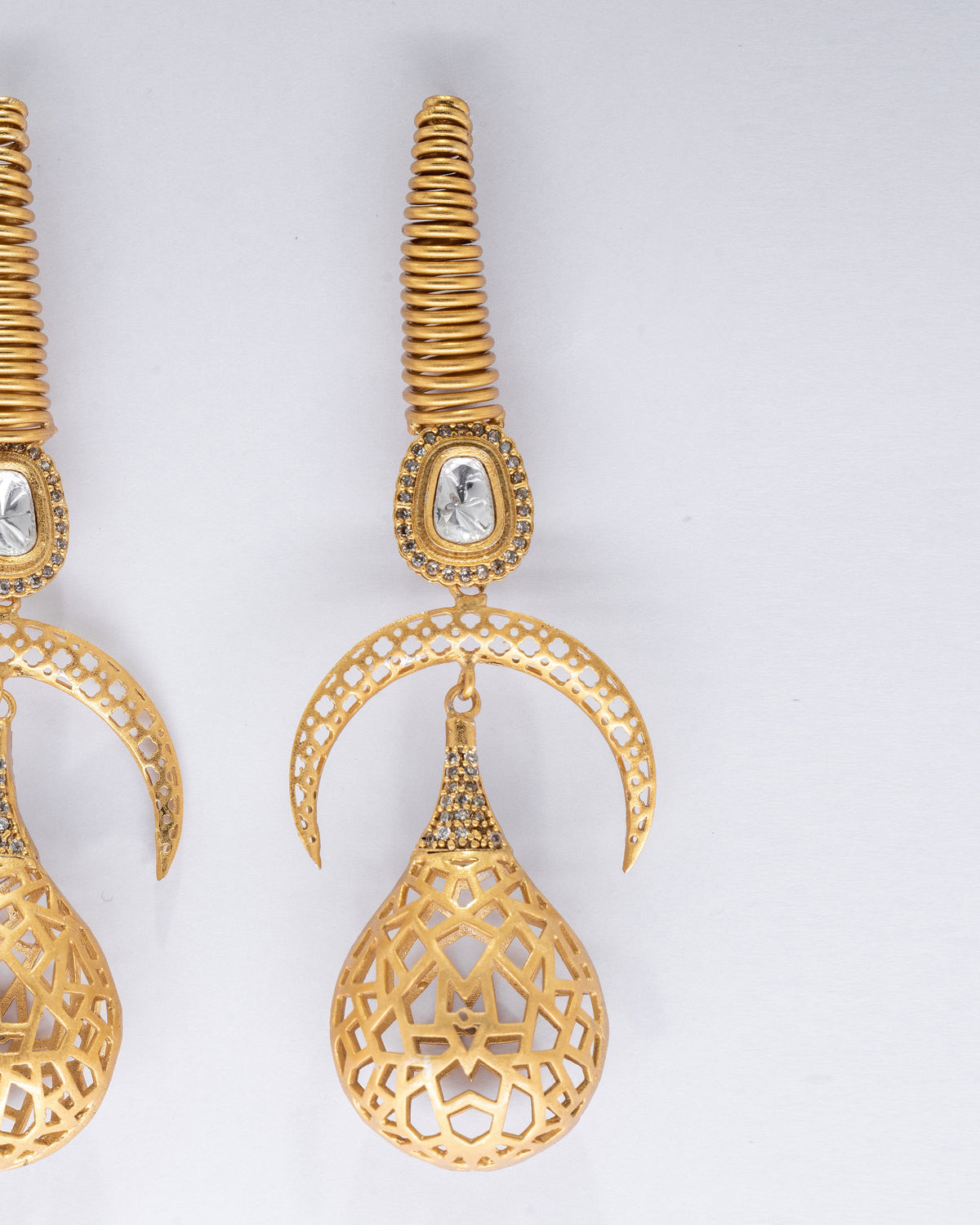 Elegant Gold Filigree Drop Earrings with Crystal Accents