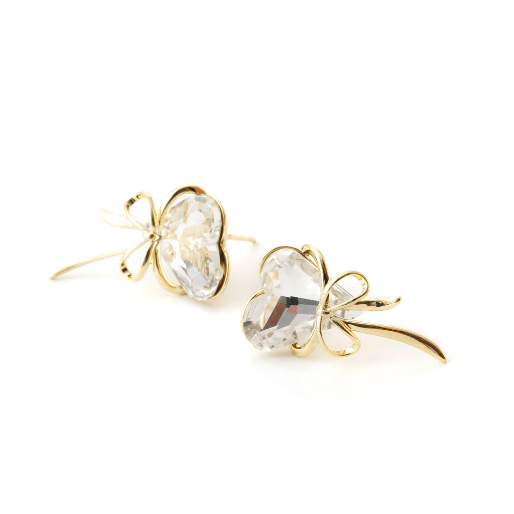 Elegant Crystal Heart Gold-Tone Earring with Bow Accent