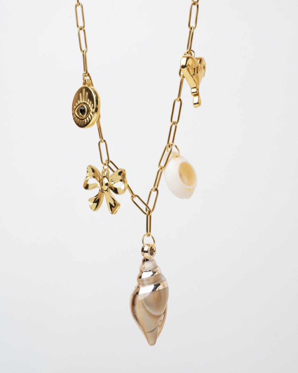 Elegant Gold Charm Link Necklace with Shell Pendant
