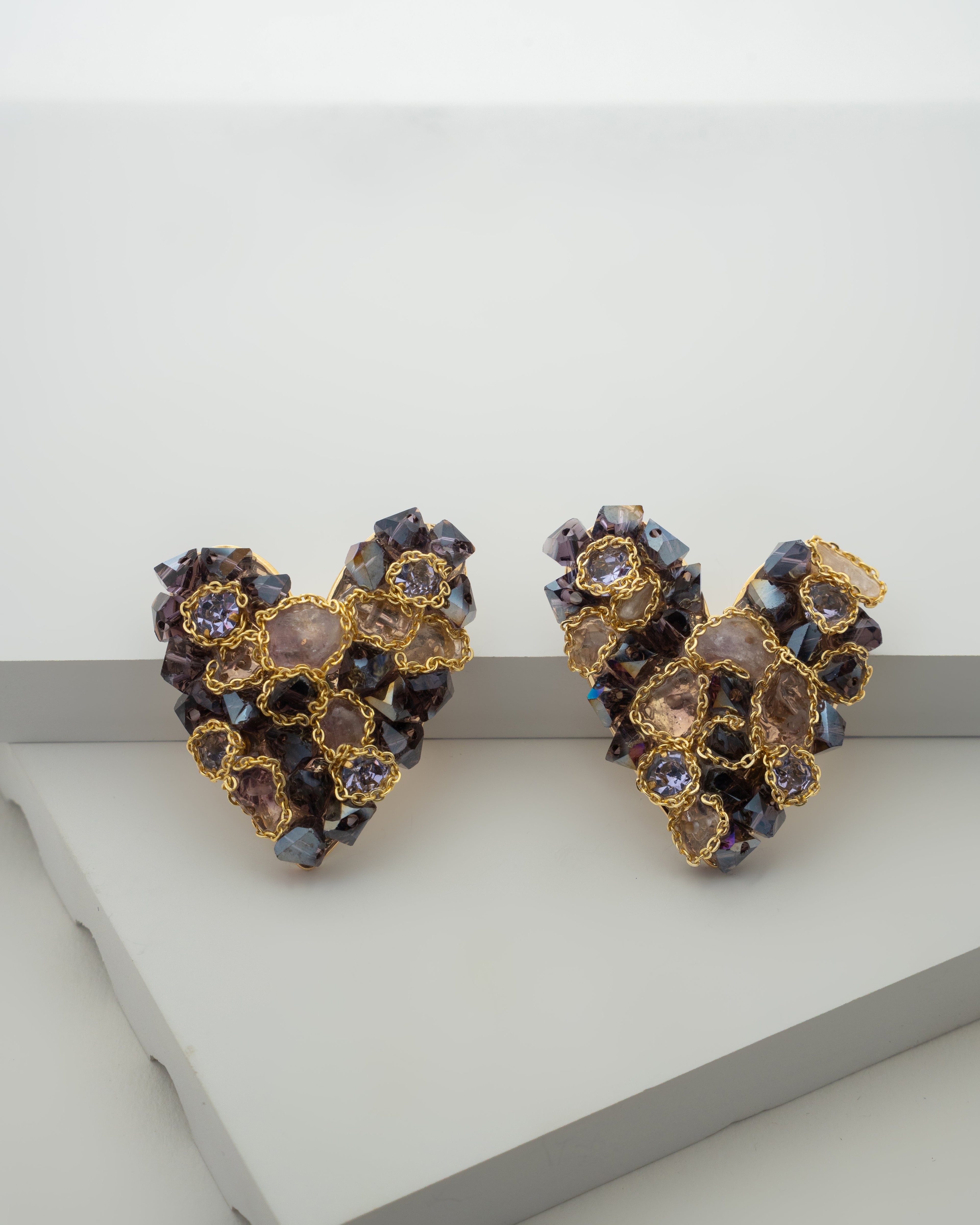 Exquisite Heart-Shaped Gemstone Earrings with Gold Detailing