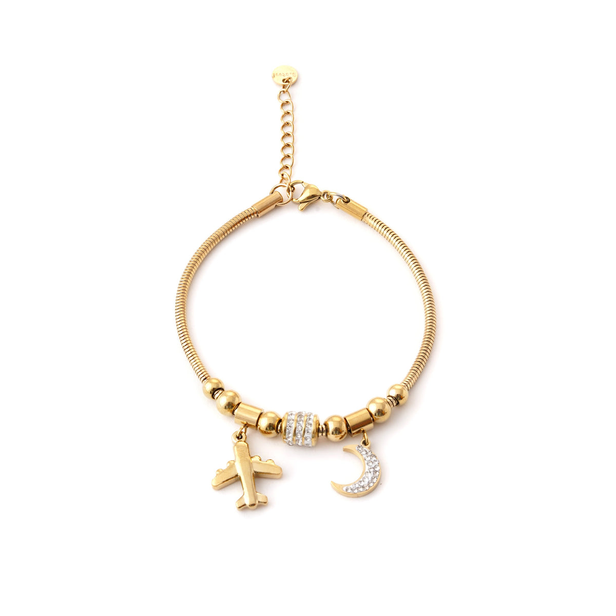 Elegant Gold Bracelet with Airplane and Moon Charms