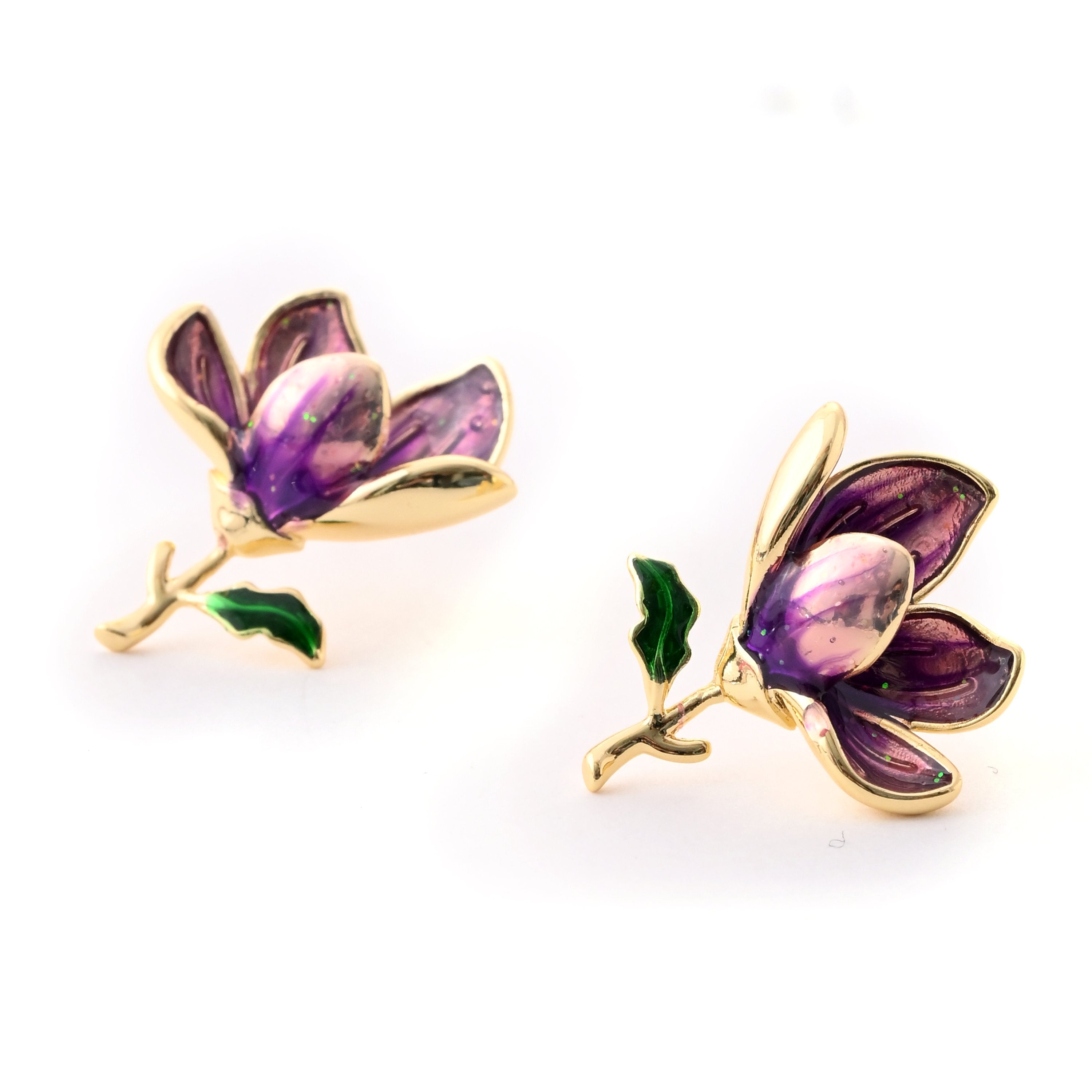 Elegant Purple Floral Enamel Stud Earrings