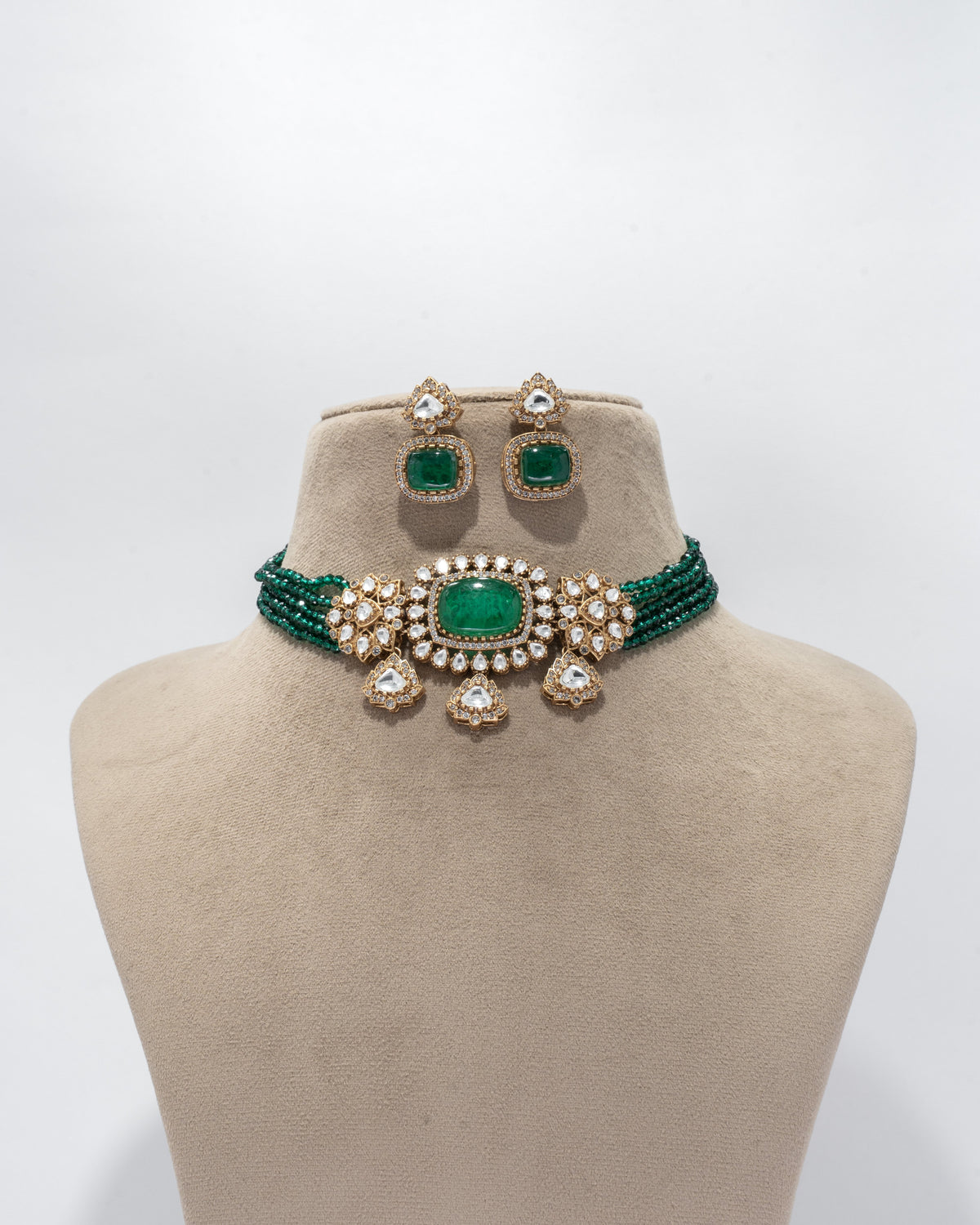 Exquisite Emerald and Crystal Gold Plated Choker Set with Matching Earrings