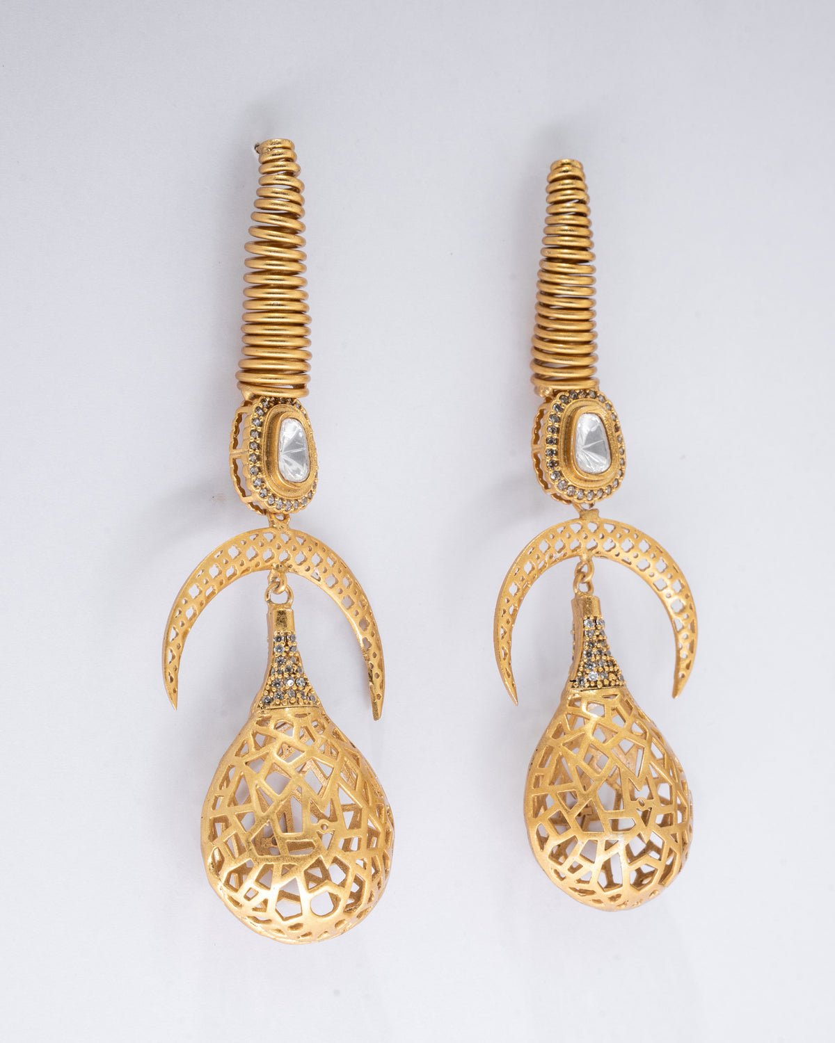 Elegant Gold Filigree Drop Earrings with Crystal Accents