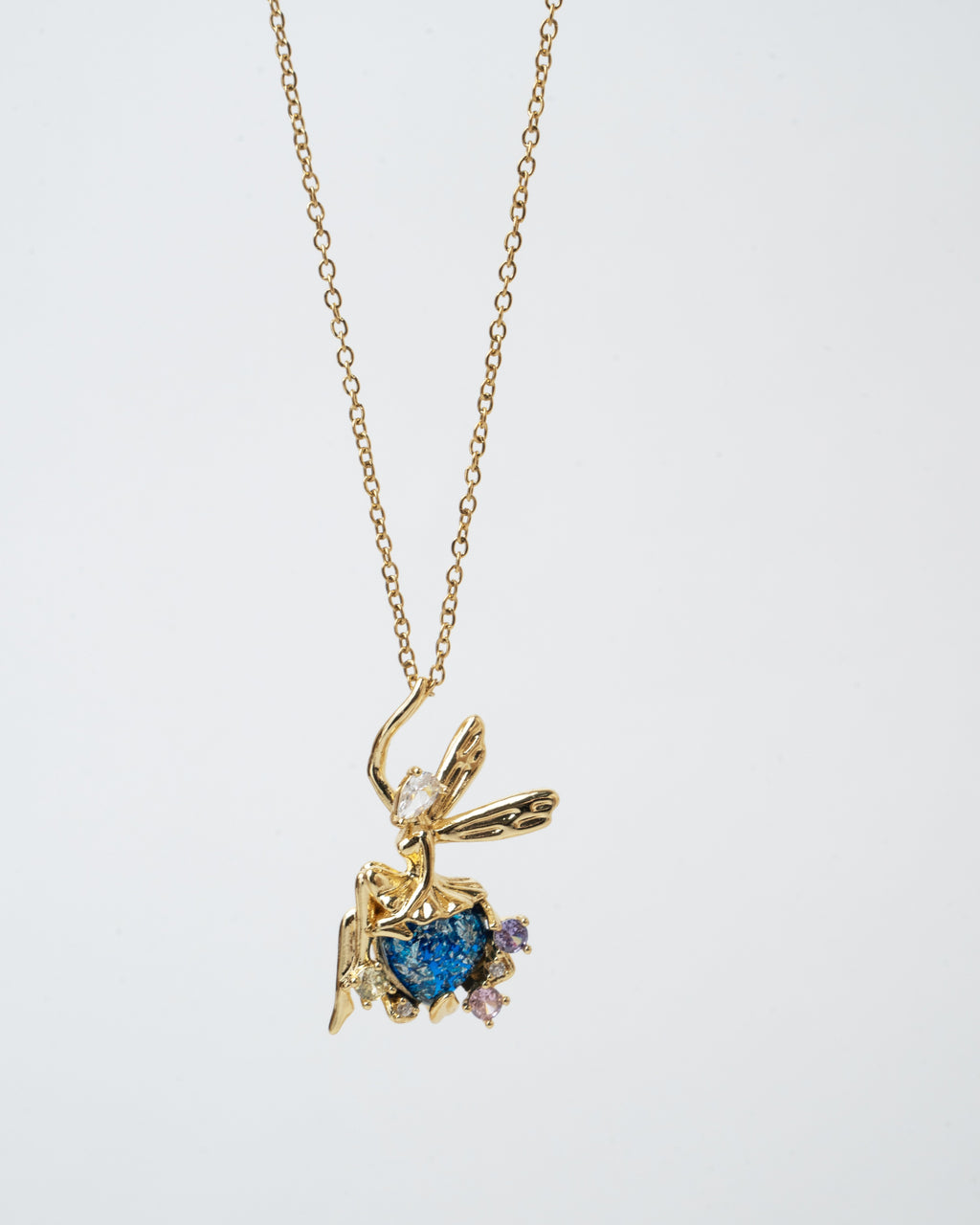 Enchanted Fairy Gold Pendant Necklace with Blue Gemstone