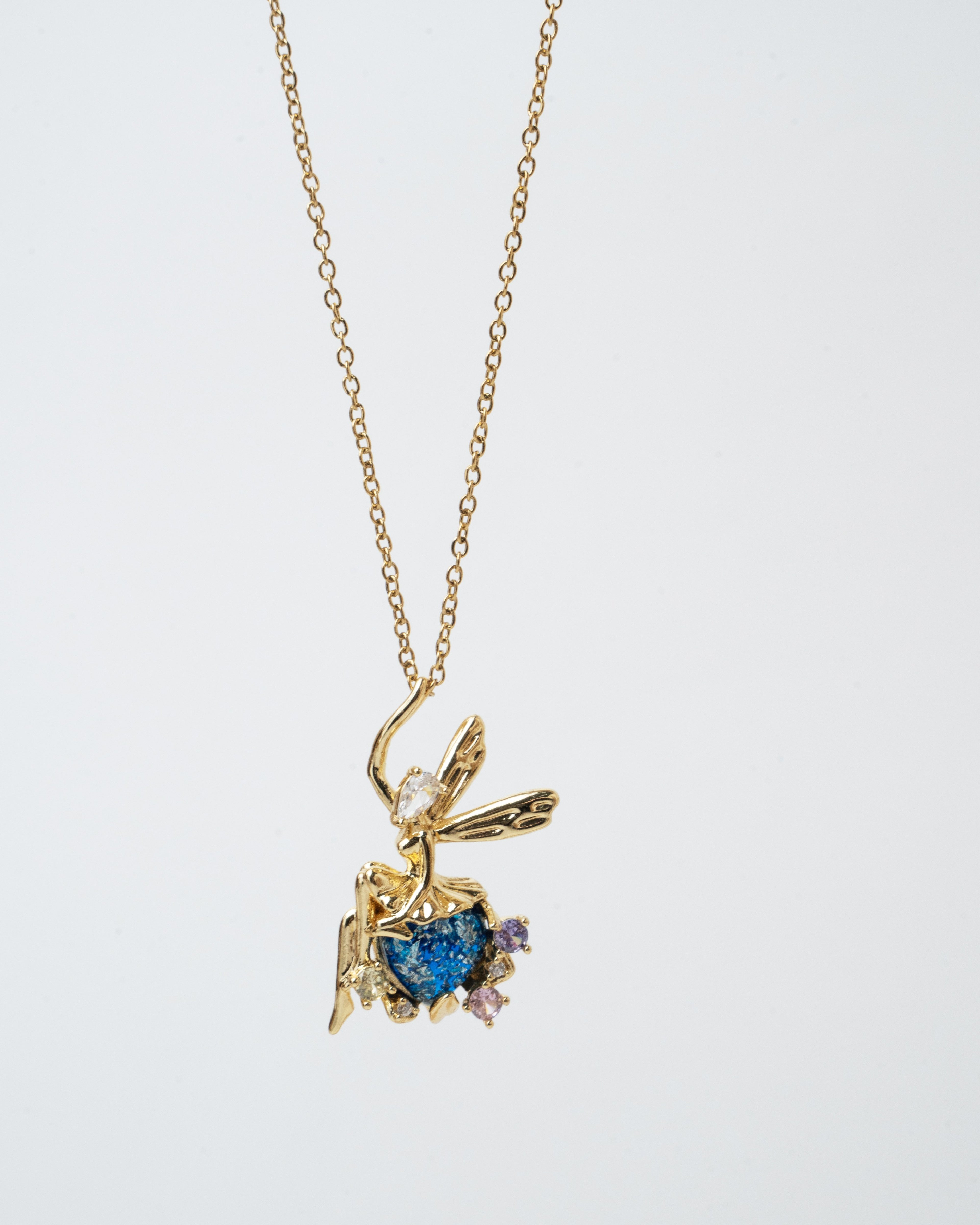 Enchanted Fairy Gold Pendant Necklace with Blue Gemstone