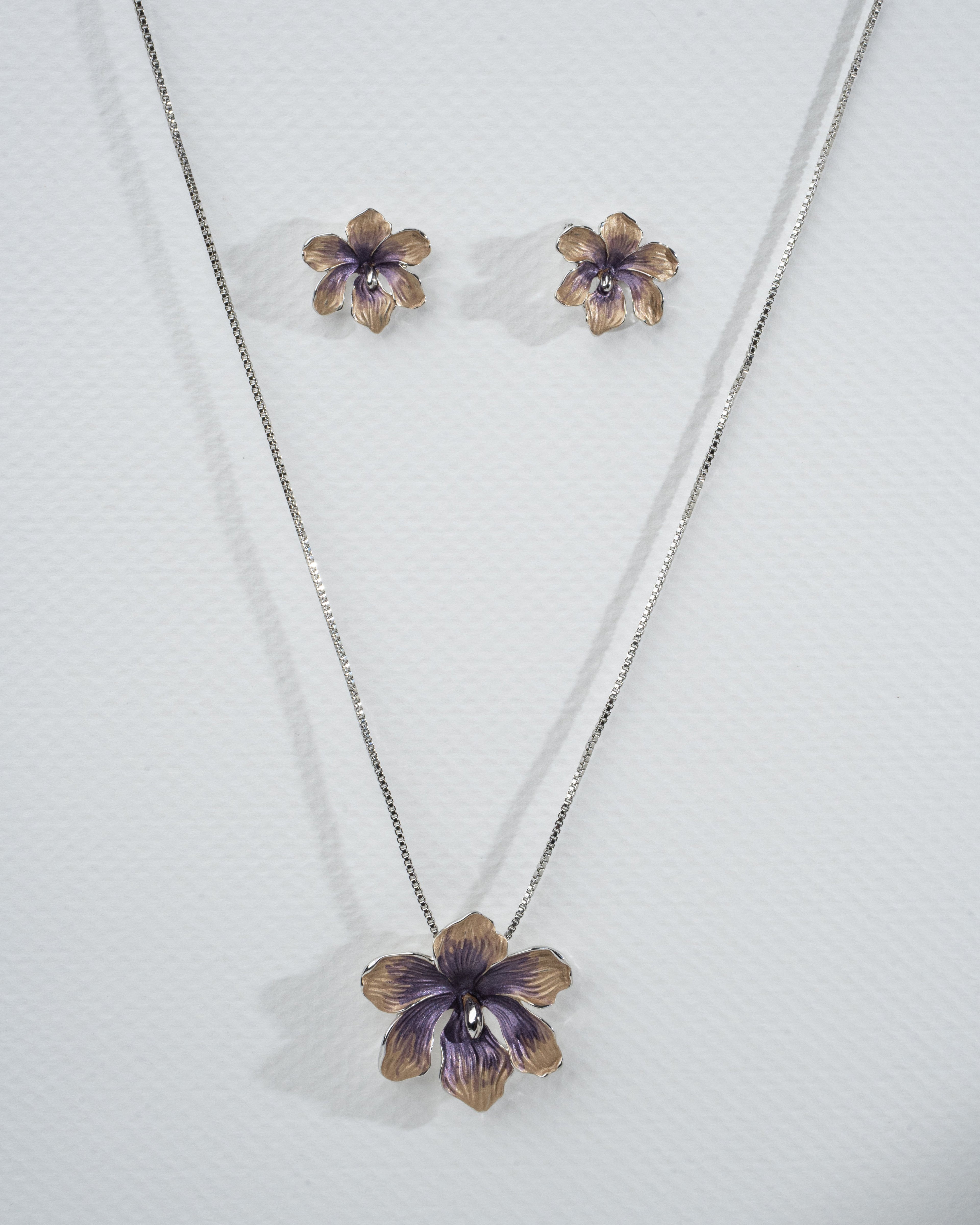 Elegant Orchid Flower Jewelry Set - Necklace and Earrings
