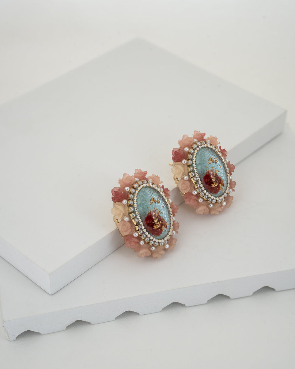 Vintage Floral Accented Oval Gemstone Earrings