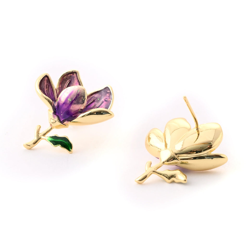 Elegant Purple Floral Enamel Stud Earrings