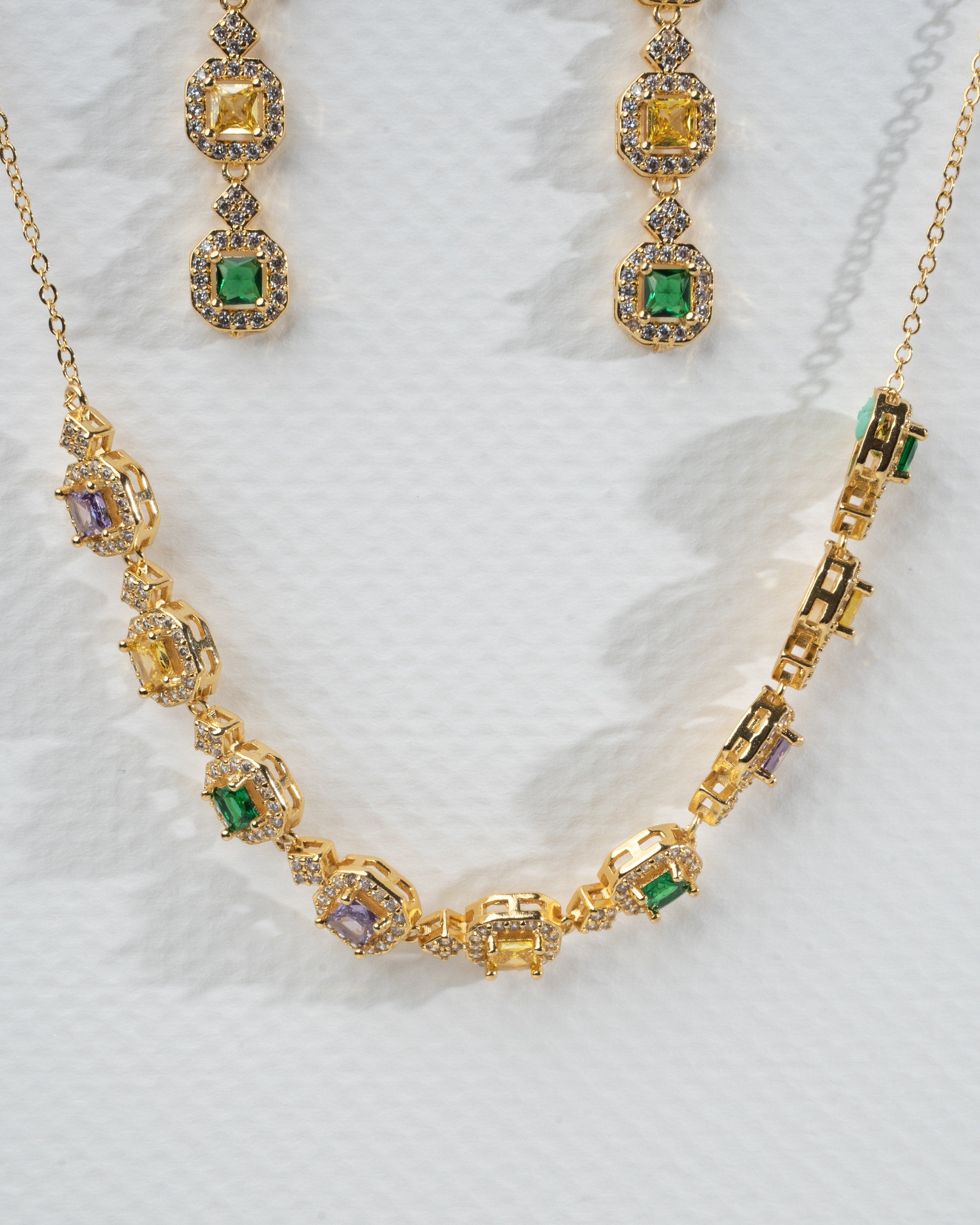 Elegant Multi-Gemstone Gold Necklace and Earring Set
