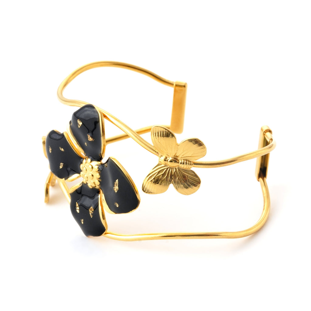 Elegant Black Floral Gold-Plated Cuff Bracelet