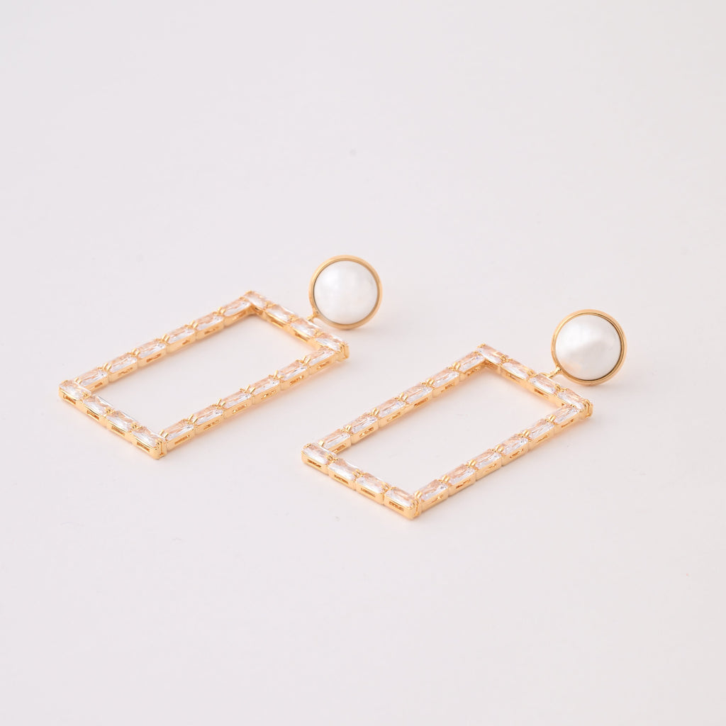 Elegant Pearl & Crystal Gold-Plated Rectangle Drop Earrings