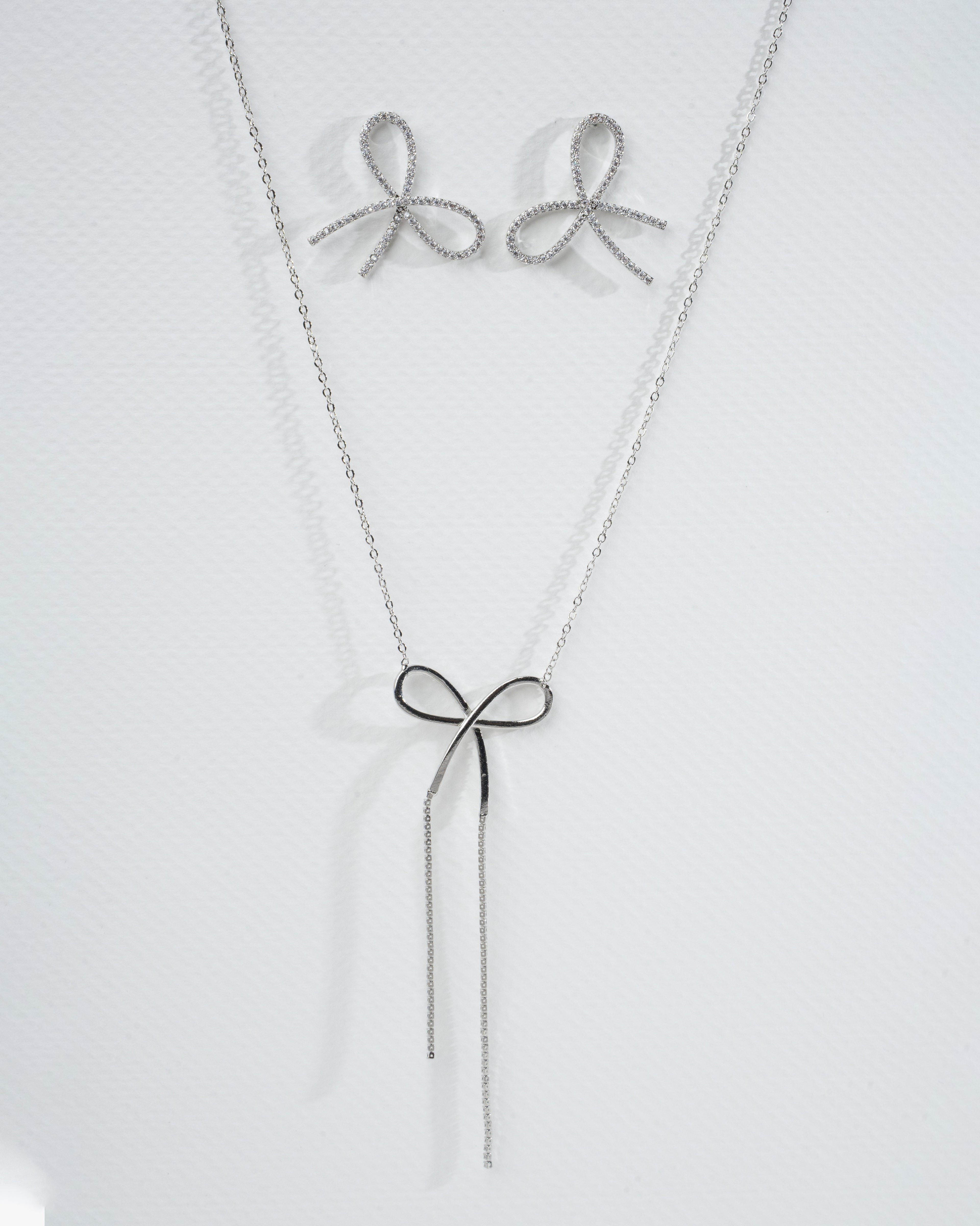 Elegant Silver Bow Necklace and Earring Set