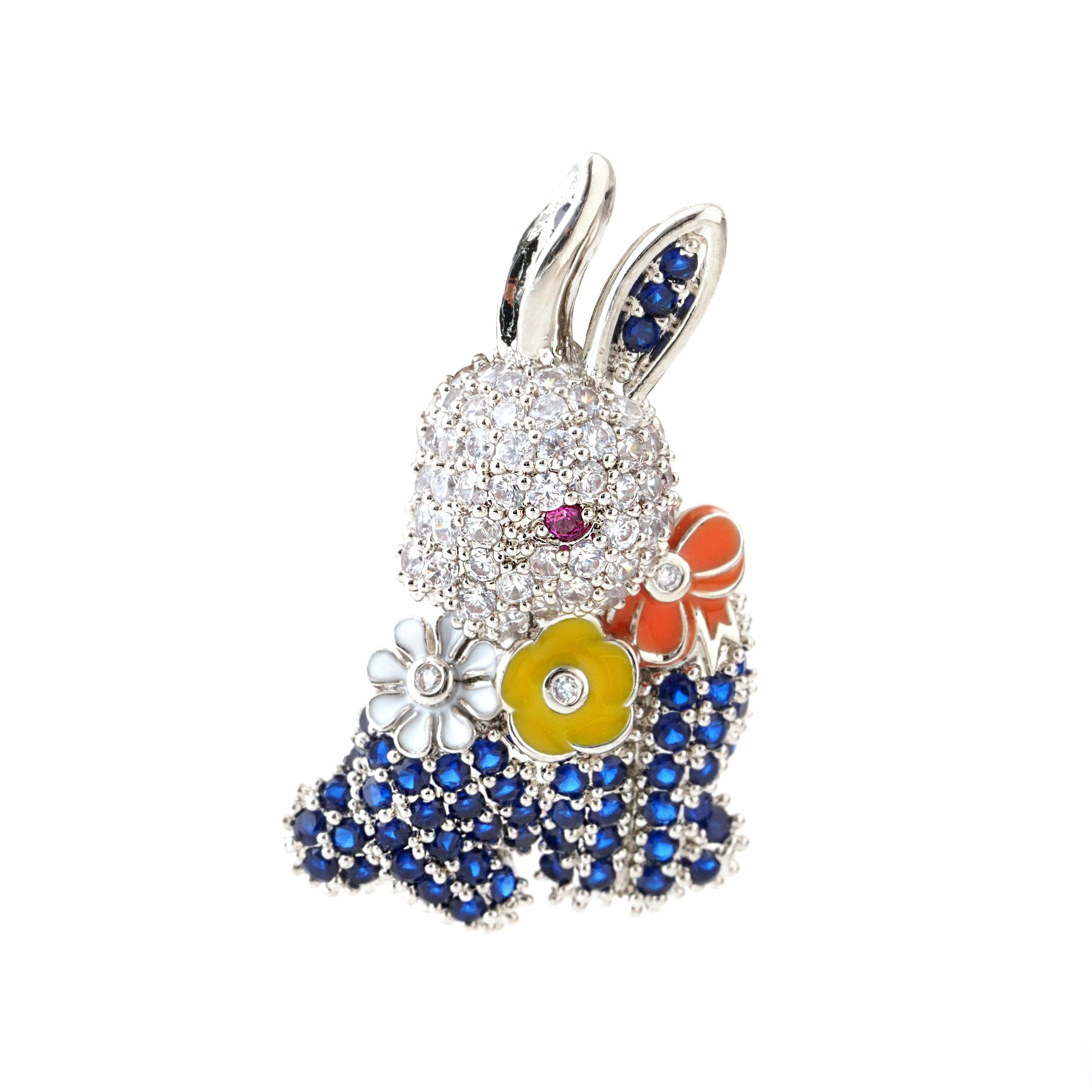 Elegant Crystal Rabbit Brooch with Floral Accents