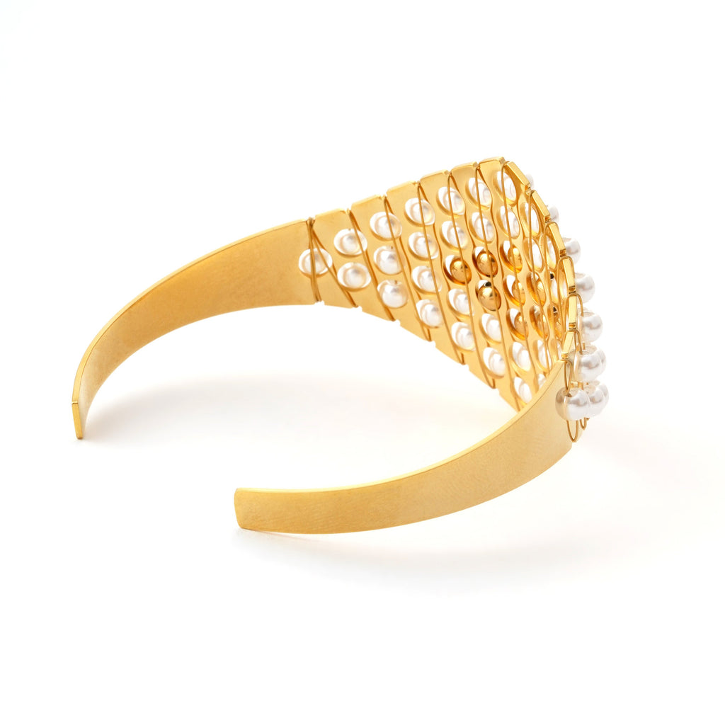 Luxurious Gold & Pearl Geometric Cuff Bracelet