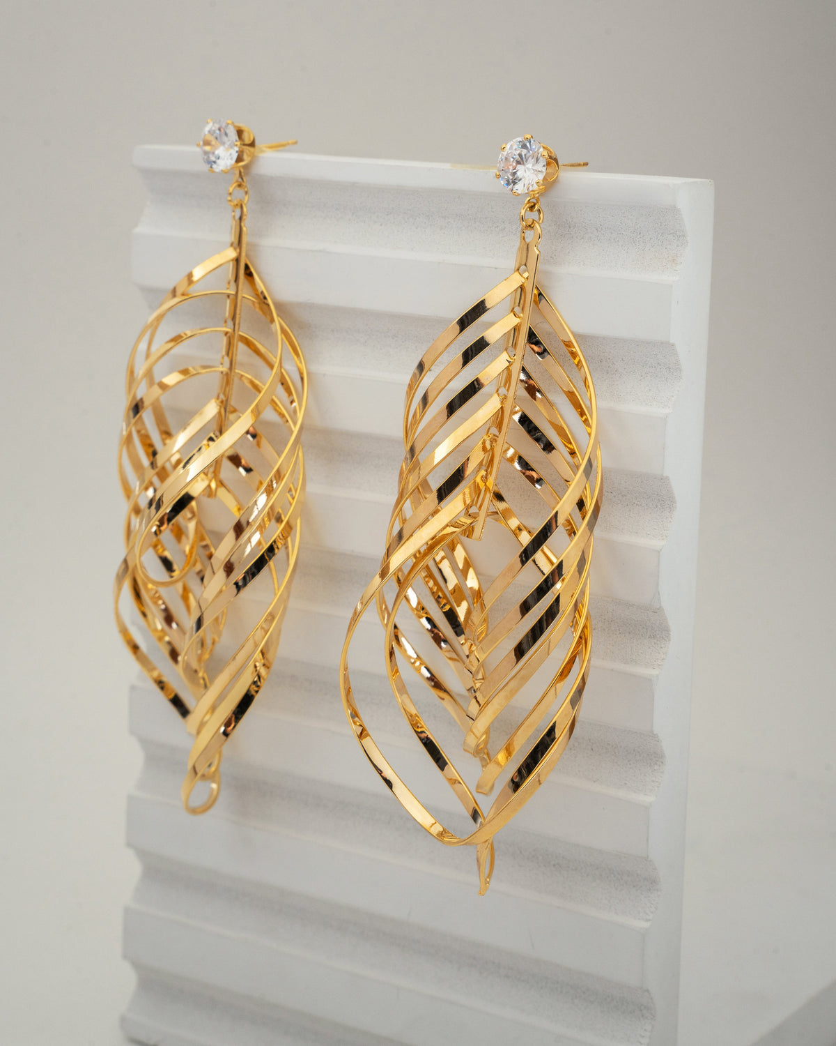 Elegant Gold-Plated Leaf Drop Earrings with Crystal Accents