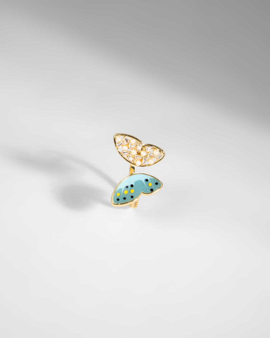 Elegant Enamel and Crystal Butterfly Ring