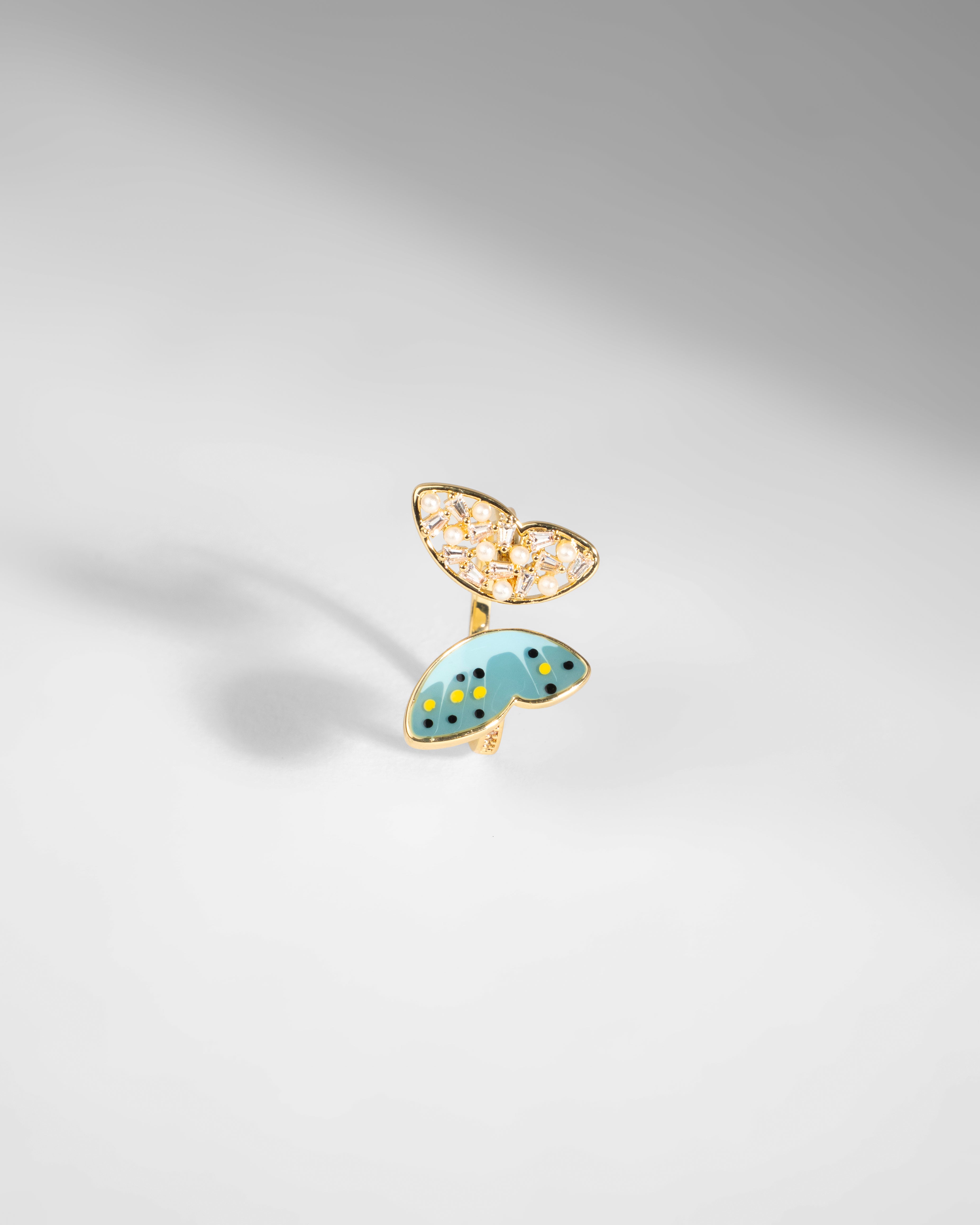 Elegant Enamel and Crystal Butterfly Ring