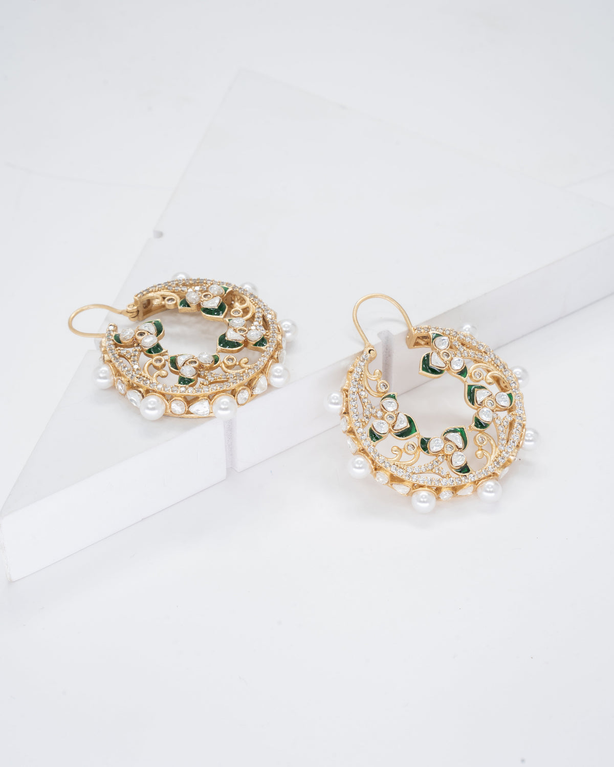 Exquisite Gold-Plated Kundan Meenakari Chandbali Earrings with Pearl Accents